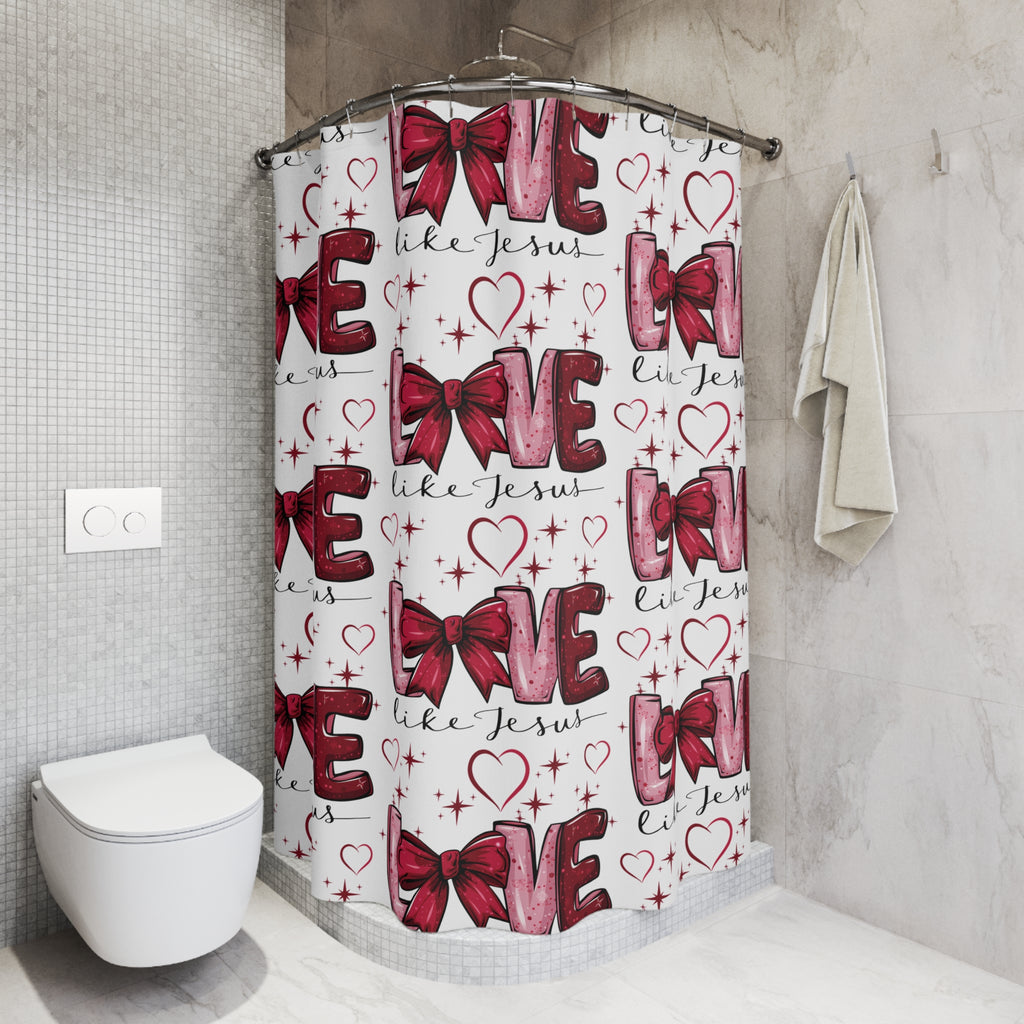 Shower Curtains, Love like Jesus Red Bows and Hearts, Christian Bathroom Decor, Religious Home Accessories, Inspirational Shower Curtain Charm