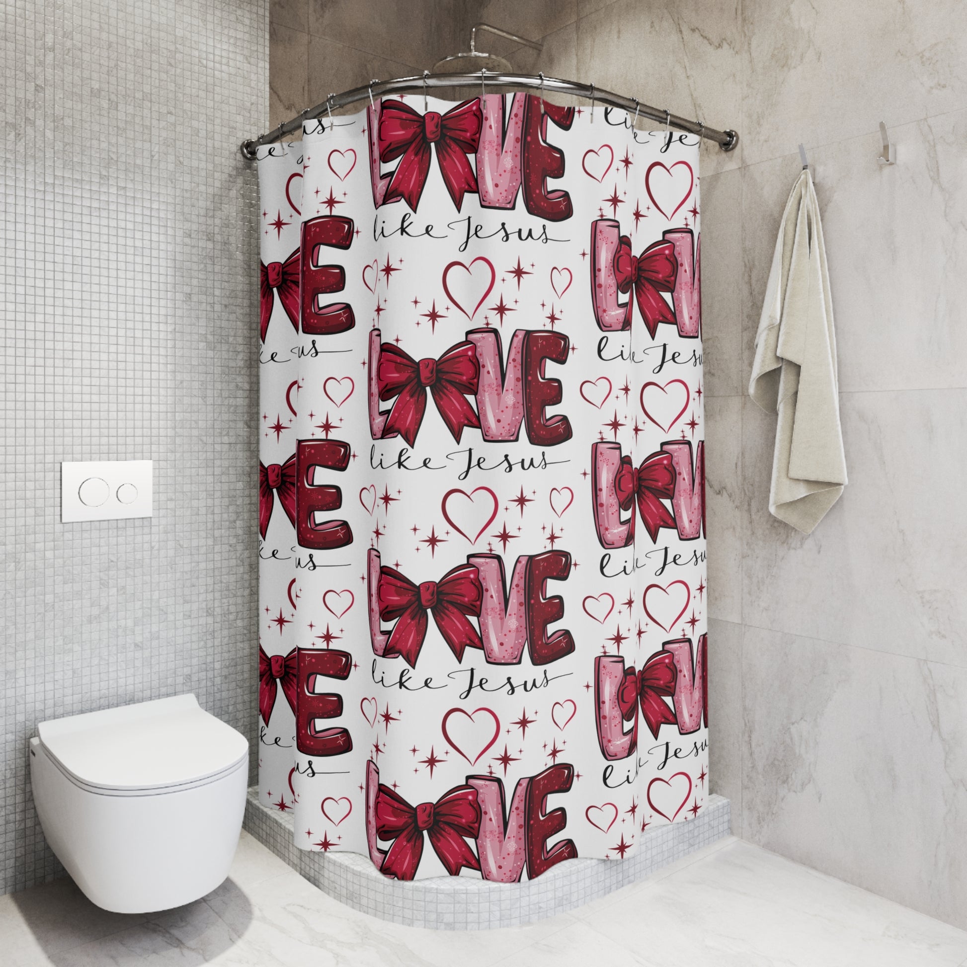 Shower Curtains, Love like Jesus Red Bows and Hearts, Christian Bathroom Decor, Religious Home Accessories, Inspirational Shower Curtain Charm
