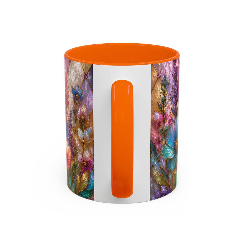 Floral Mosaic Accent Coffee Mug — Colorful Garden Flowers 11/15oz Stain Glass Illusion