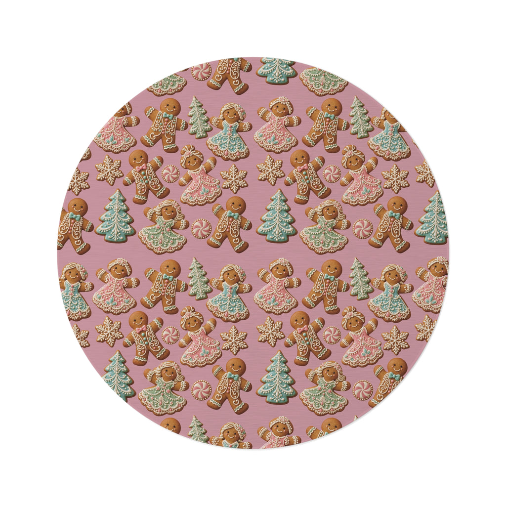 Christmas Gingerbread Round Rug — Pink Holiday Cookie Pattern Floor Mat Office