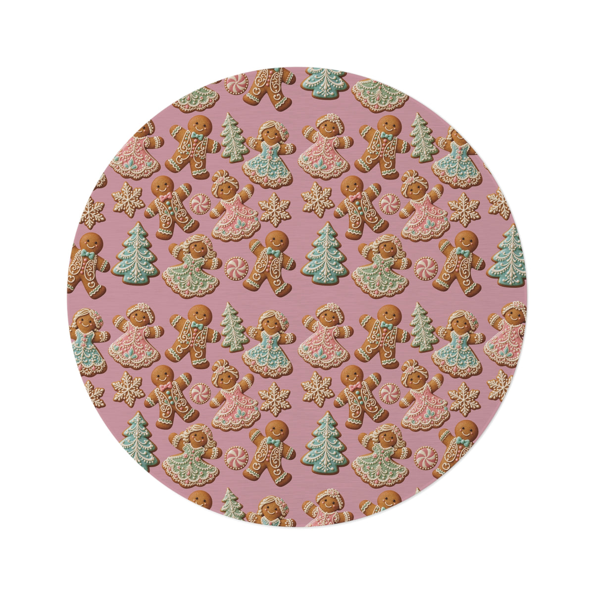 Christmas Gingerbread Round Rug — Pink Holiday Cookie Pattern Floor Mat Office