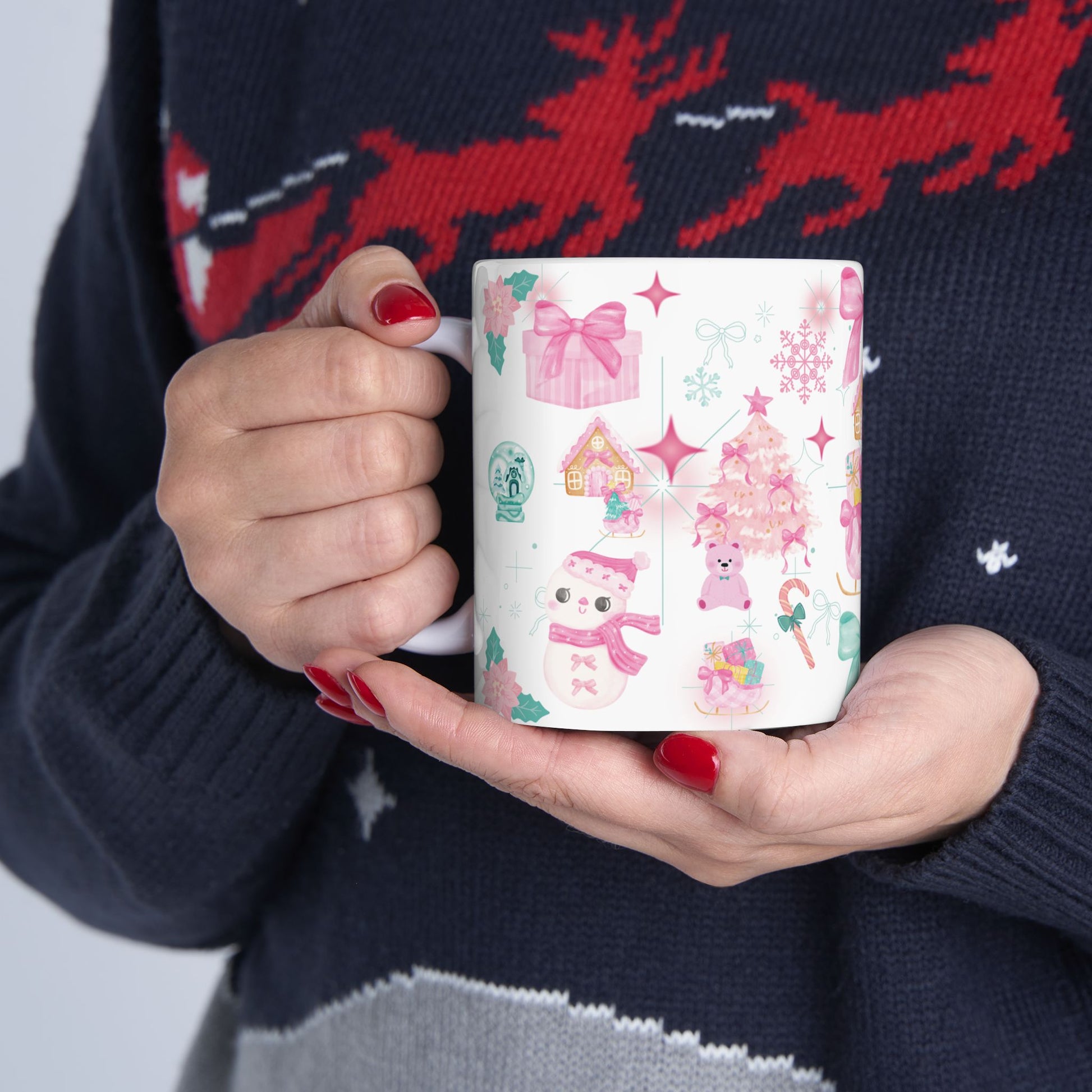 Glam Christmas Mug  Pink  Turquoise Holiday Coffee Cup, Festive Ceramic Mug in 11oz  15oz, Chic Gift for Hot Cocoa or Morning Lattes Mom