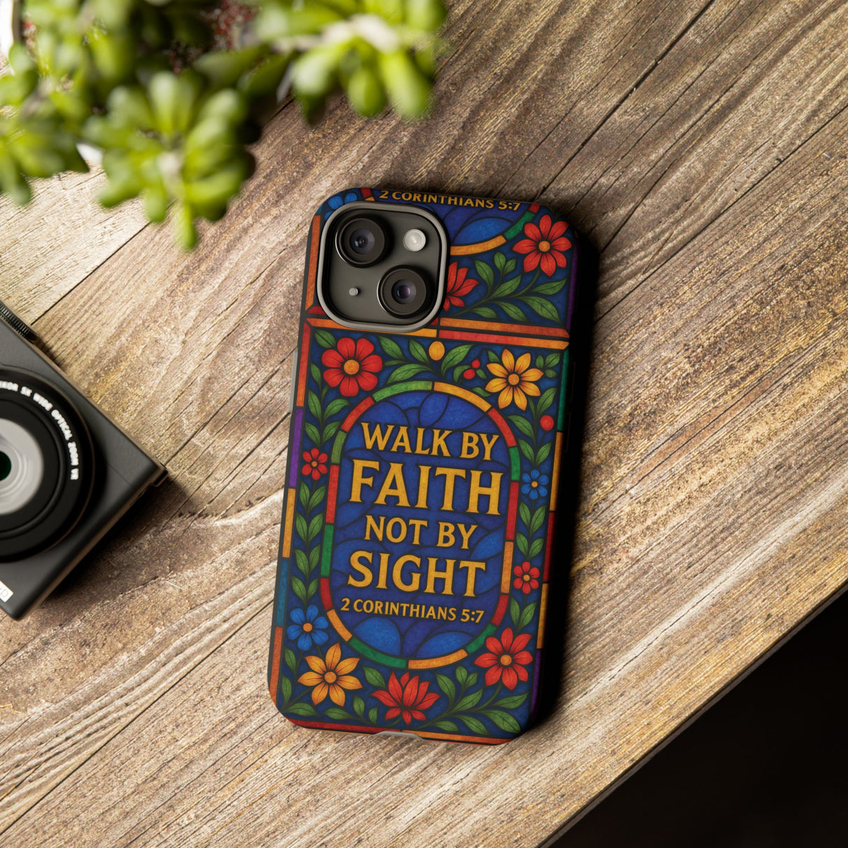 Walk by Faith Stain Glass Illusion Everywhere Christian Tough Phone Case with Bible Verse or Affirmation  Protective, Inspirational Gift for Christians