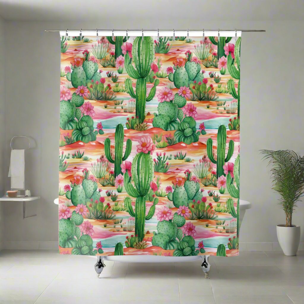 Pink and Mint Green Cactus Shower Curtain - Stylish Bathroom Décor with Cactus Flowers | Vibrant & Durable Design for a Fresh, Nature-Inspired Look - MRSBYVALLE