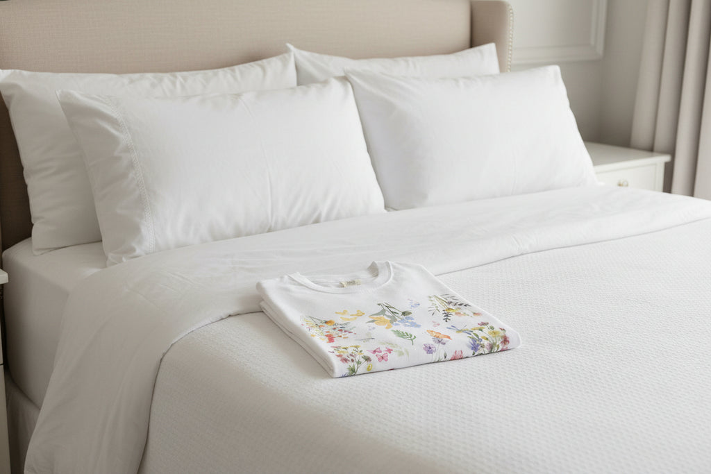 White sweatshirt with colorful floral and butterfly design on a white background