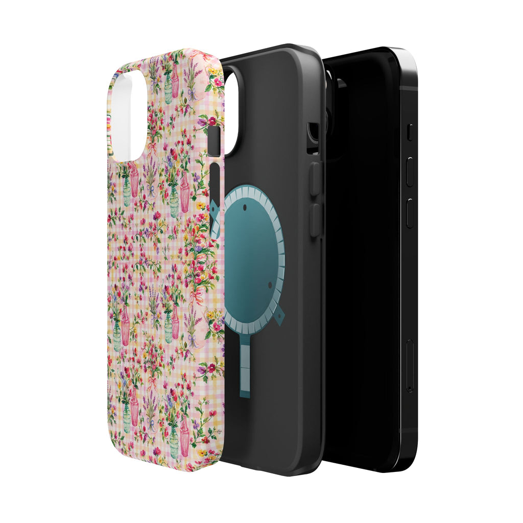Turquoise & Pink Floral Checker Phone Case — Magnetic Impact-Resistant