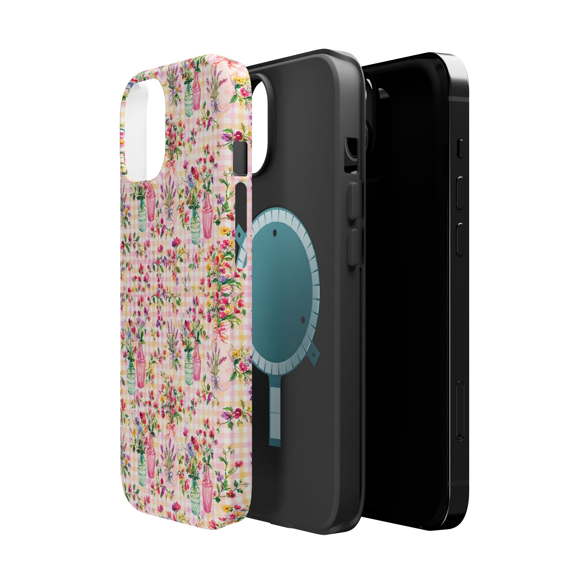 Turquoise & Pink Floral Checker Phone Case — Magnetic Impact-Resistant