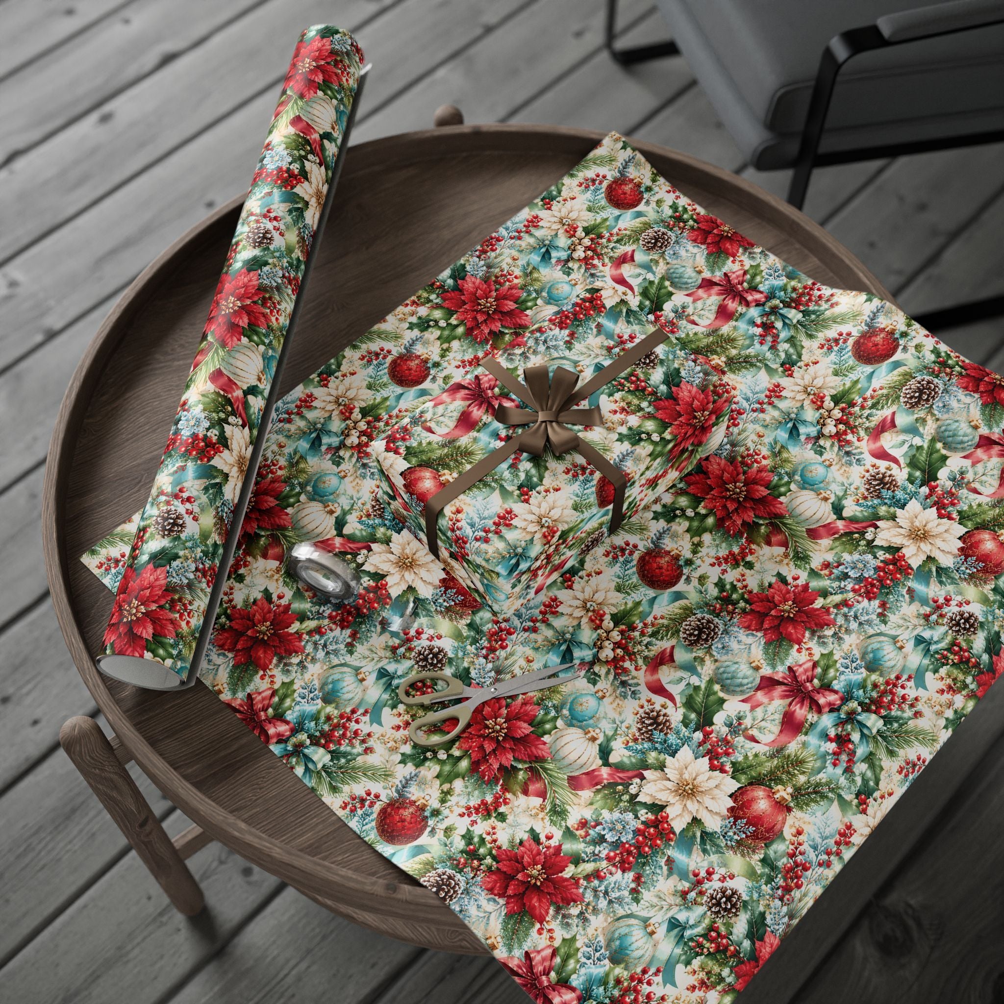 Christmas Floral Holiday Wrapping Paper – Poinsettia & Ornament Gift Wrap for Her