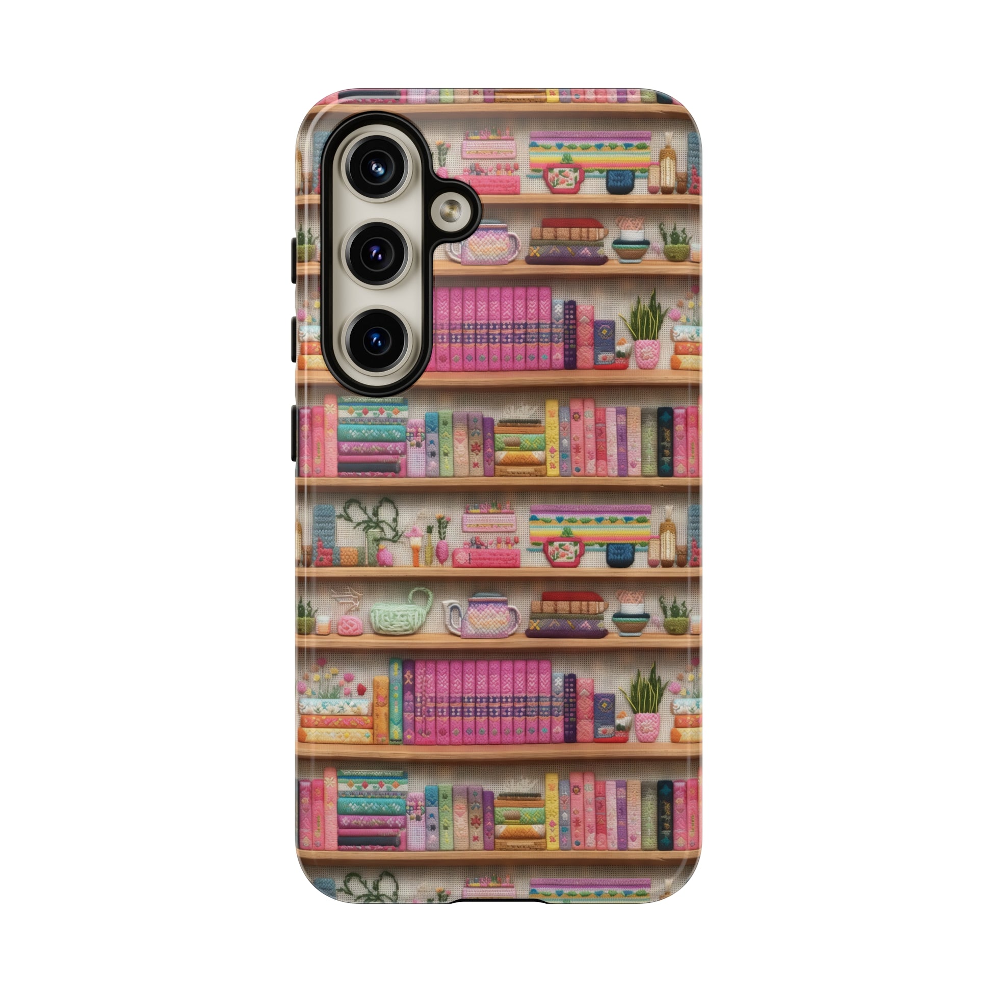 Phone Case 3D Illusion Books & Shelf Embroidery Design with Vibrant Colors Gift for Her Phone 15, Samsung iPhone Samsung Gift for Her Case iPhone 15, Samsung iPhone Samsung Accessory Gift for Her.