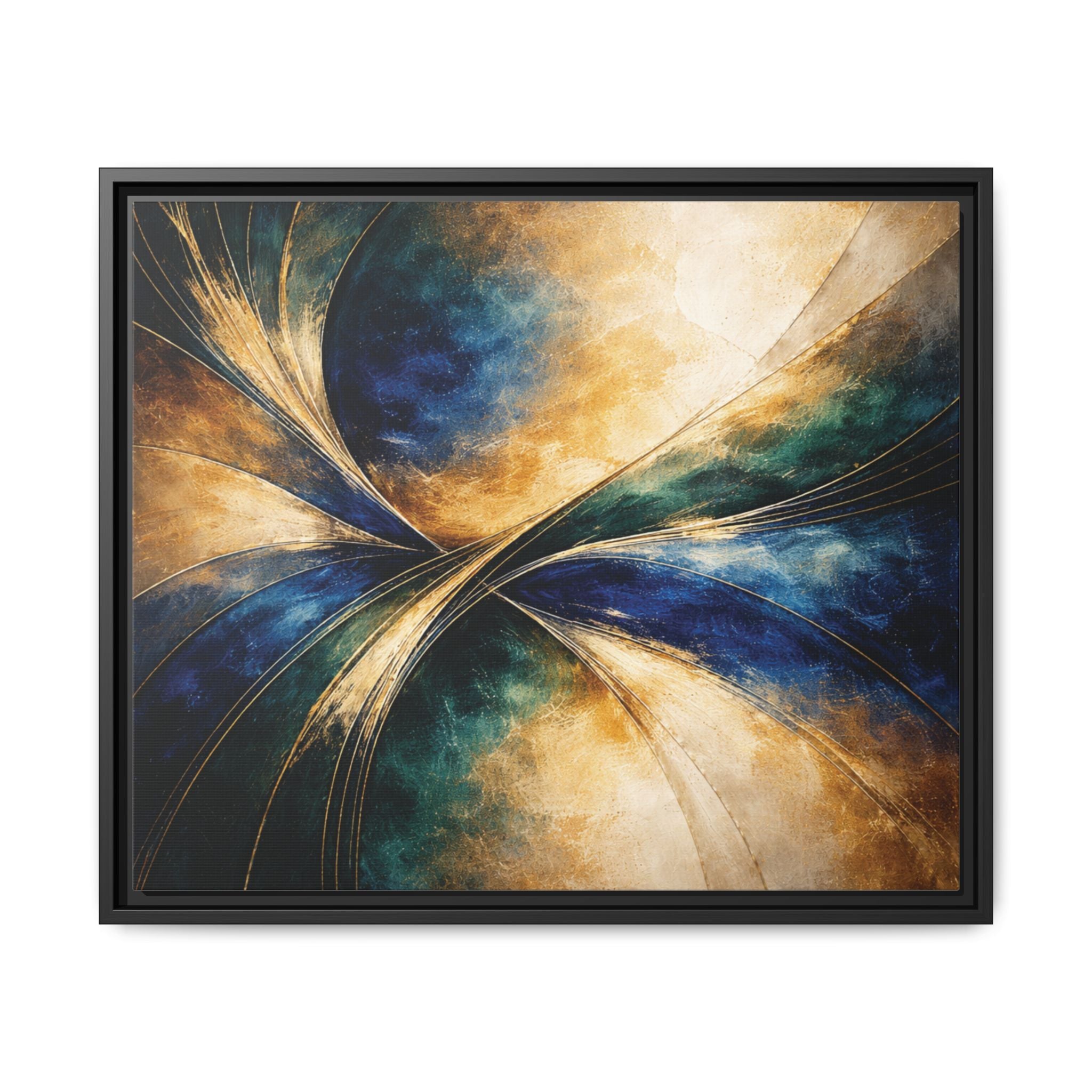 Gilded Convergence  Luxe NeoDeco Blue & Gold Abstract Wall Art Framed