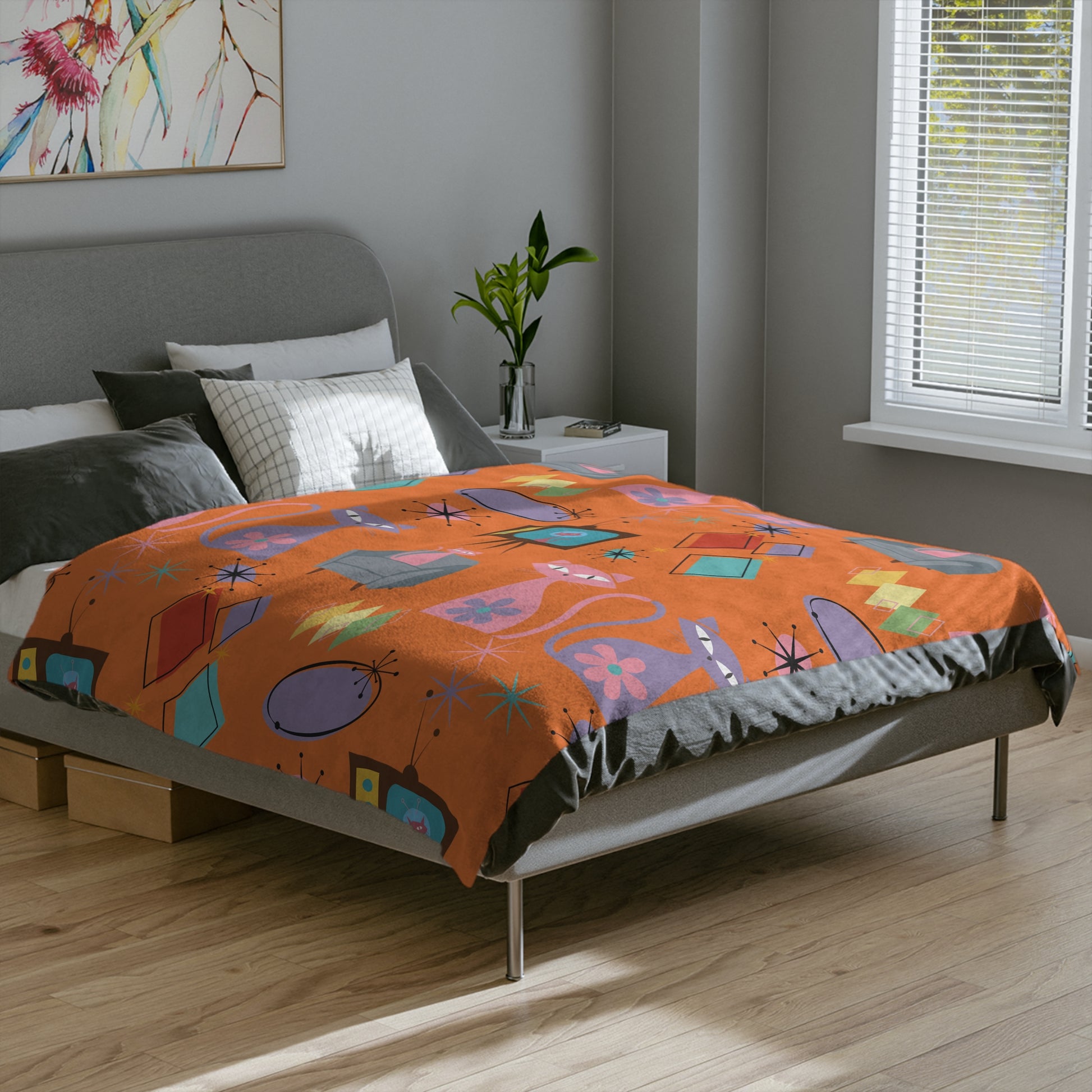 Atomic Cats Retro Blanket | Mid Century Modern Throw with 1950s Starburst Design | Cozy Vintage Cat Lover Gift for Sofa, Bed, or Lounge Chair
