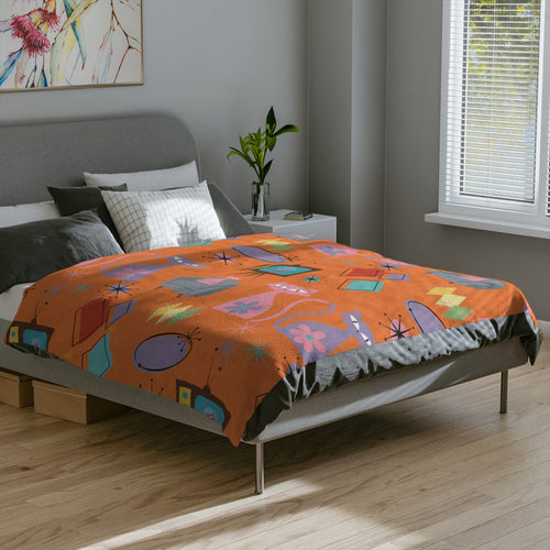 Atomic Cats Retro Blanket | Mid Century Modern Throw with 1950s Starburst Design | Cozy Vintage Cat Lover Gift for Sofa, Bed, or Lounge Chair