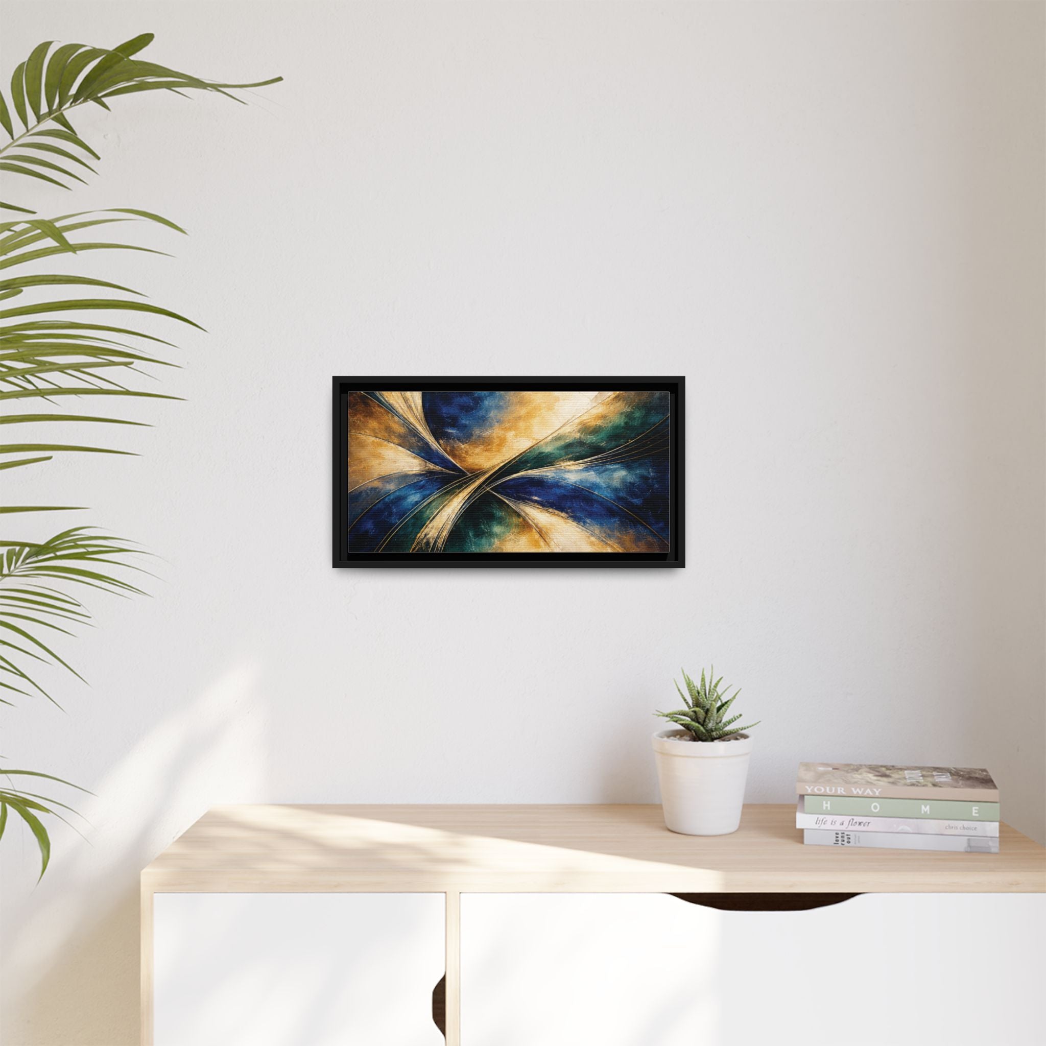 Gilded Convergence  Luxe NeoDeco Blue & Gold Abstract Wall Art Framed