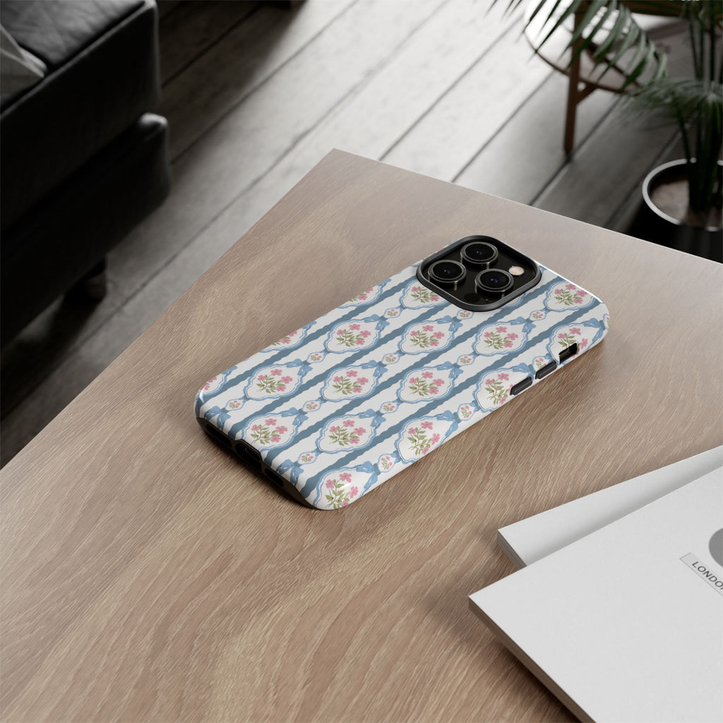Coque de téléphone Vintage Nœud Bleu et Rose — Motif floral romantique « Tough Cases »