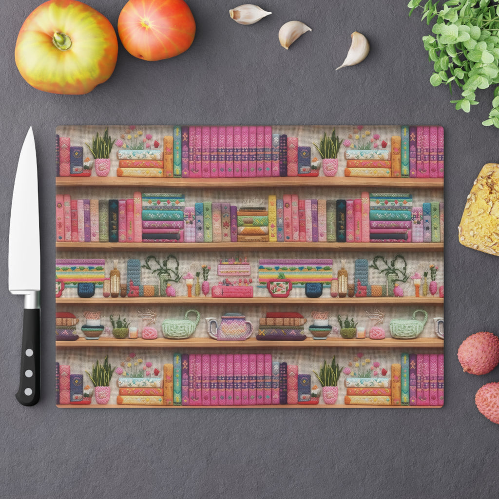 Charming 3D Embroidery Illusion Books on Pastel Shelves Glass Cutting Board Perfect for Book Lovers' Kitchens Cooking Kitchen Decor Housewarming, New House Gift - MRSBYVALLE