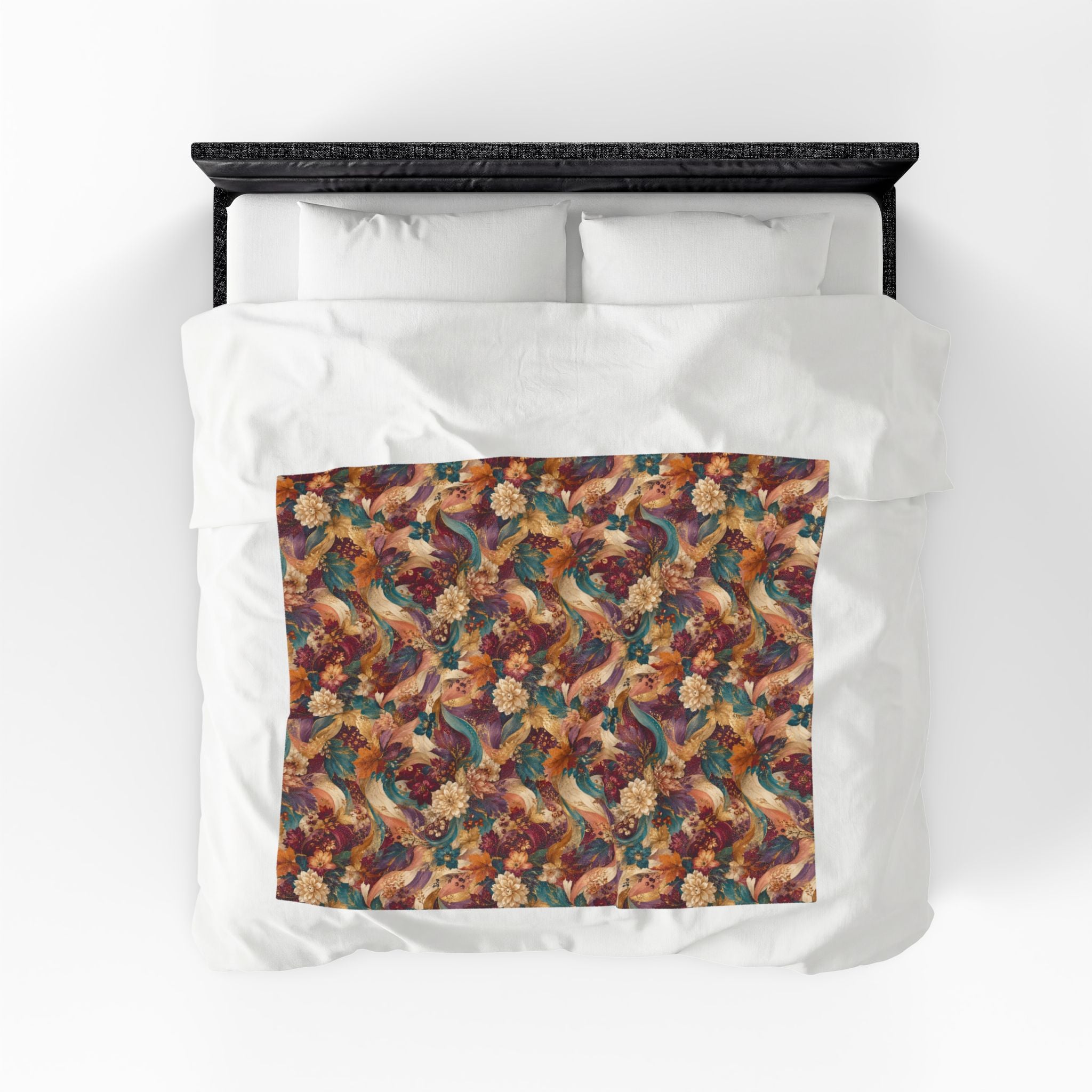 Autumn Floral Velveteen Plush Blanket Cozy Vintage  Throw Luxury Botanical Velveteen Plush Blanket Burgundy Teal Gold