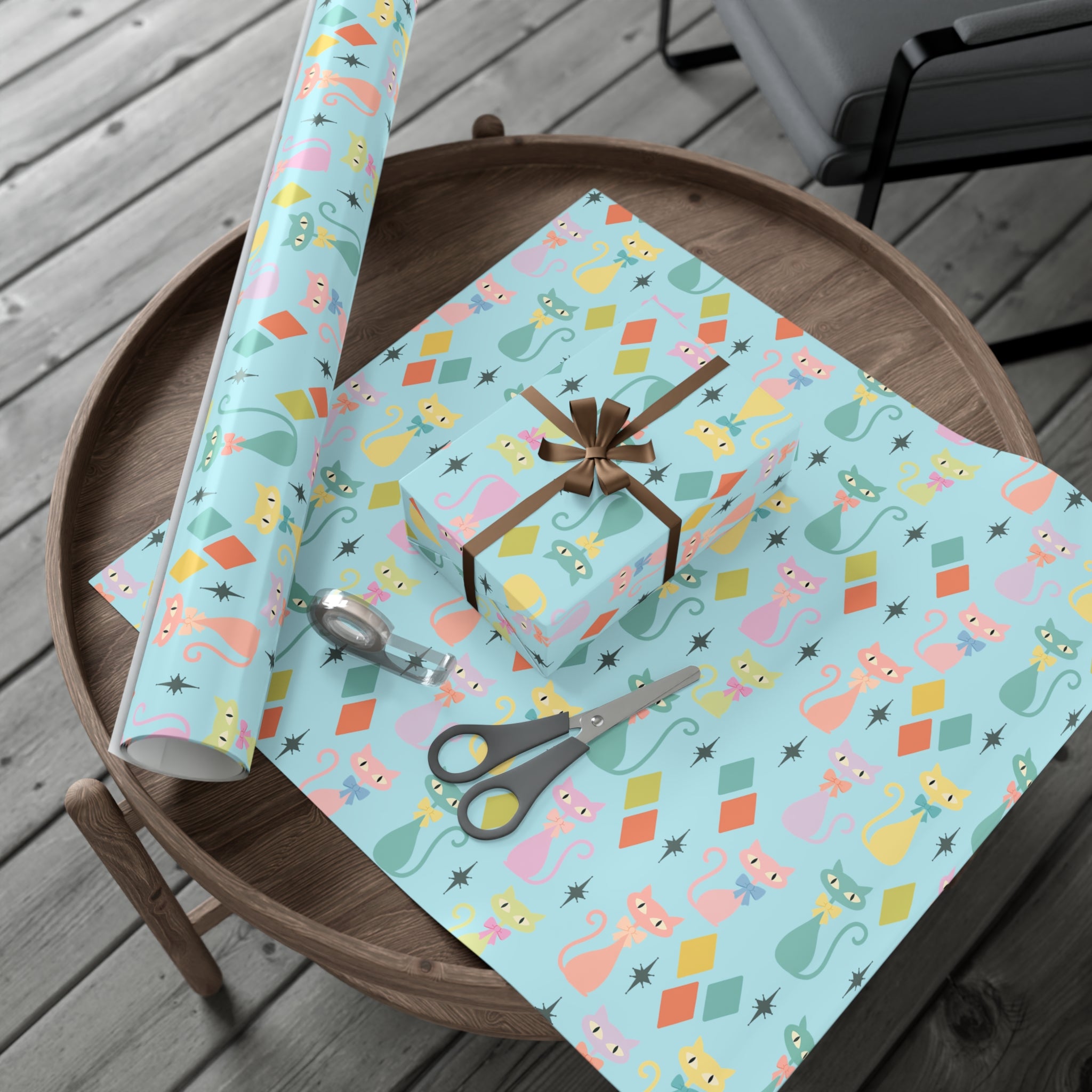 Atomic Cat Wrapping Paper, Retro Gift Wrap, Pastel Mid-Century Kitty Design, Vintage Holiday 30x20, 30x72, 30x144 Perfect for all Occasion