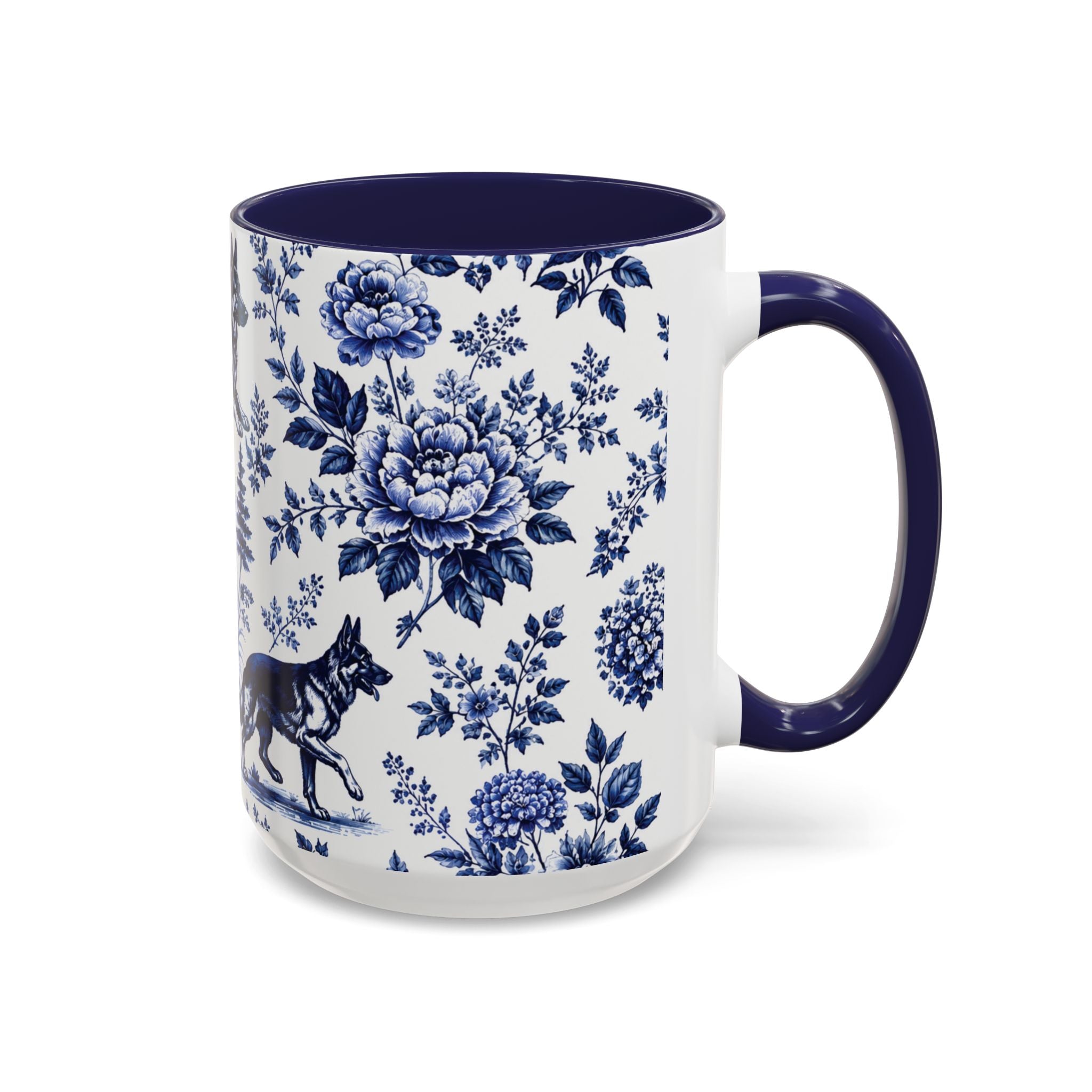 Elegant German Shepherd Floral Mug | Luxury Blue Toile Coffee Mug 11/15oz Accent Ceramic