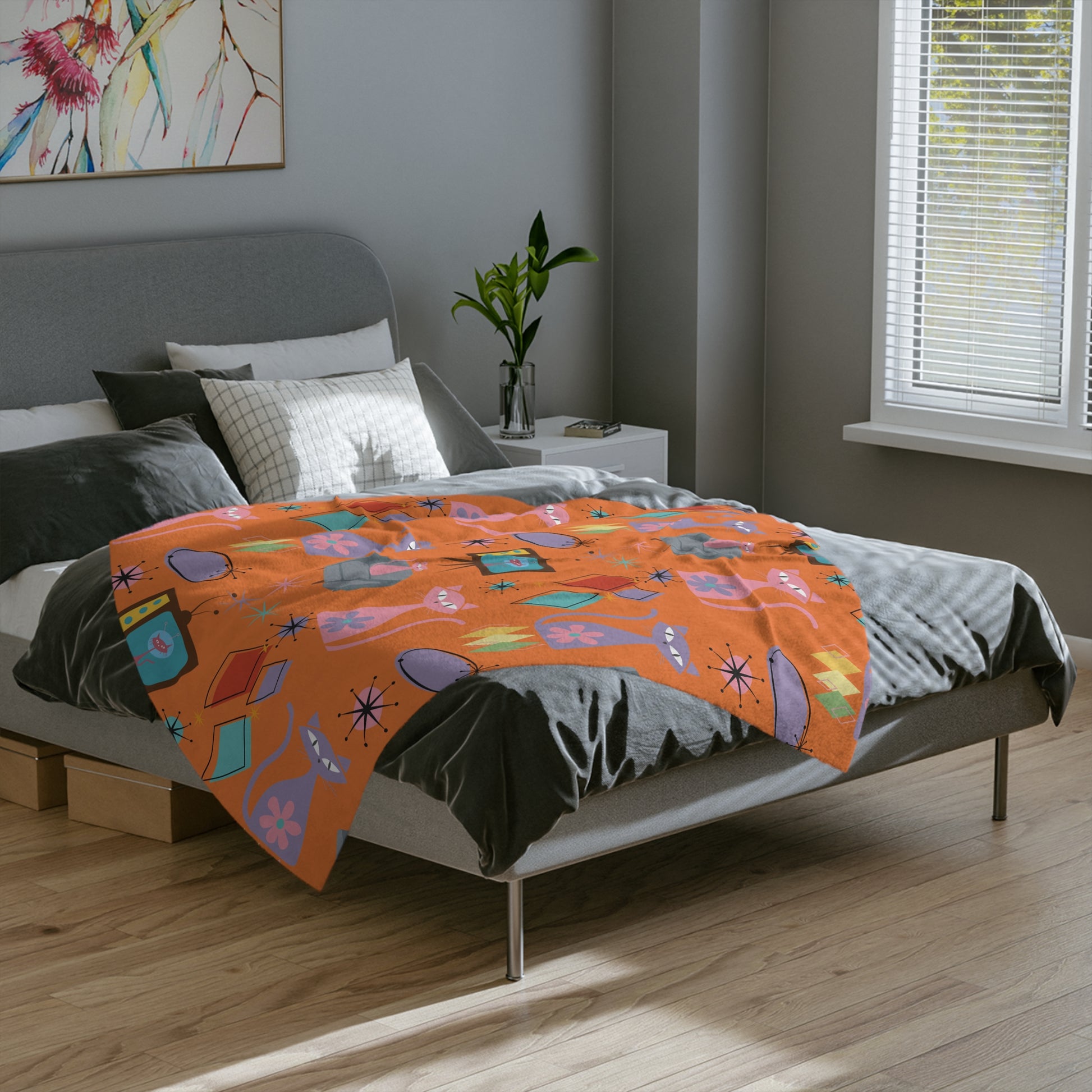 Atomic Cats Retro Blanket | Mid Century Modern Throw with 1950s Starburst Design | Cozy Vintage Cat Lover Gift for Sofa, Bed, or Lounge Chair