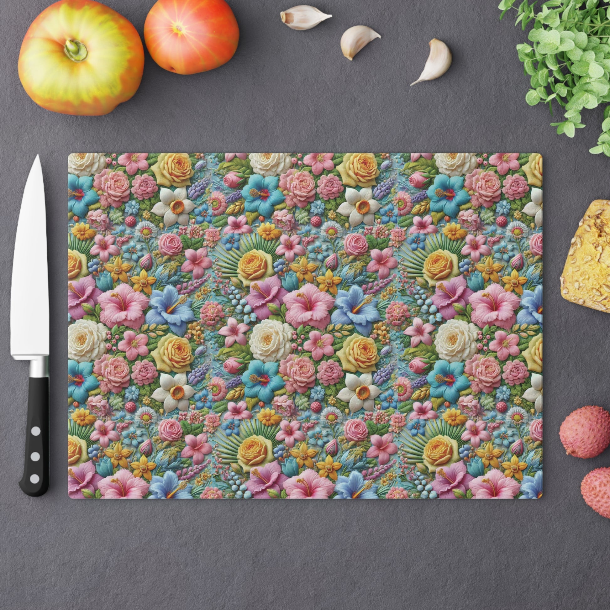 Pastel Floral Tempered Glass Cutting Board  Elegant and Durable, Heat-Resistant Surface with Beautiful Flower Design, Perfect for Cooking, Serving, and Gifting - MRSBYVALLE