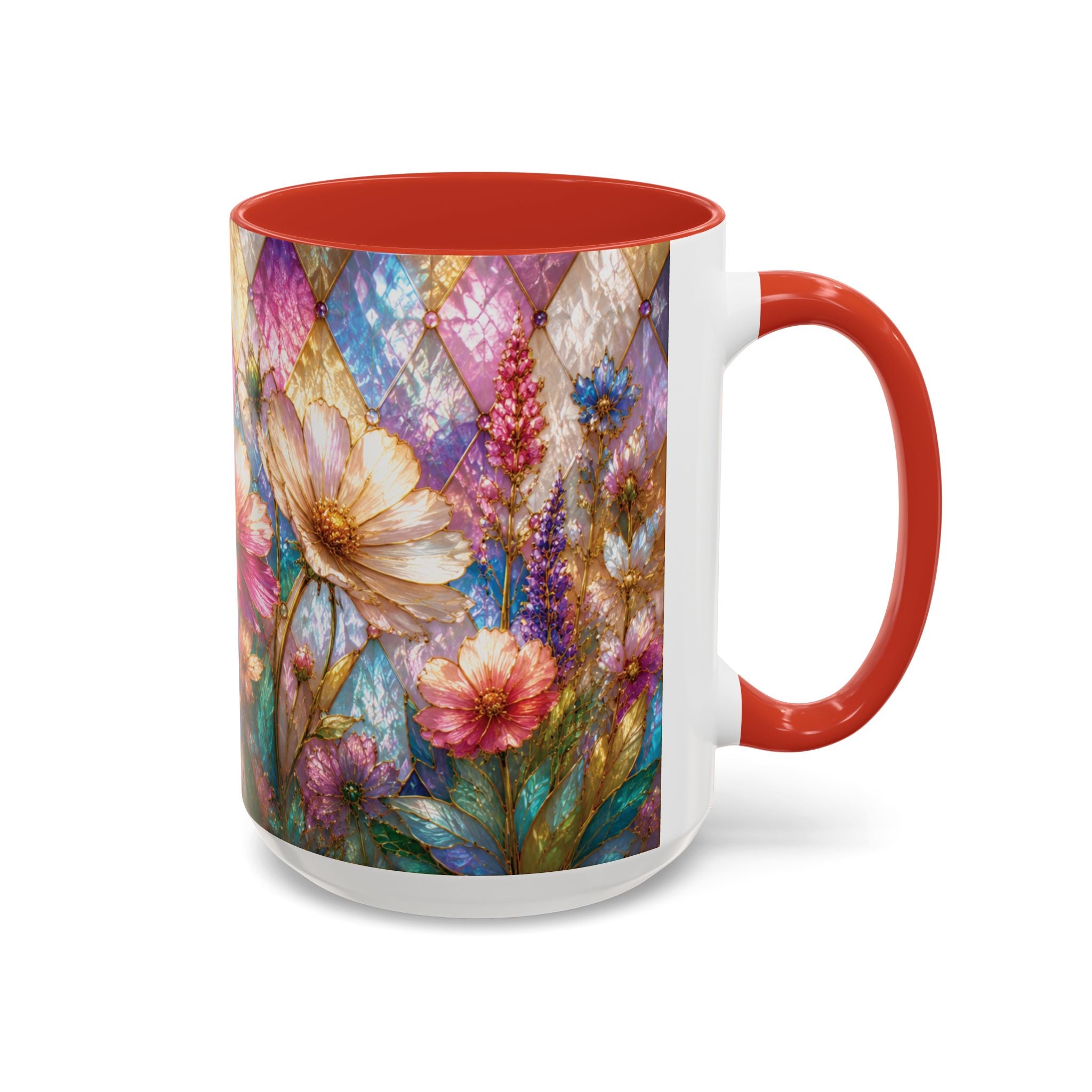 Floral Mosaic Accent Coffee Mug — Colorful Garden Flowers 11/15oz Stain Glass Illusion