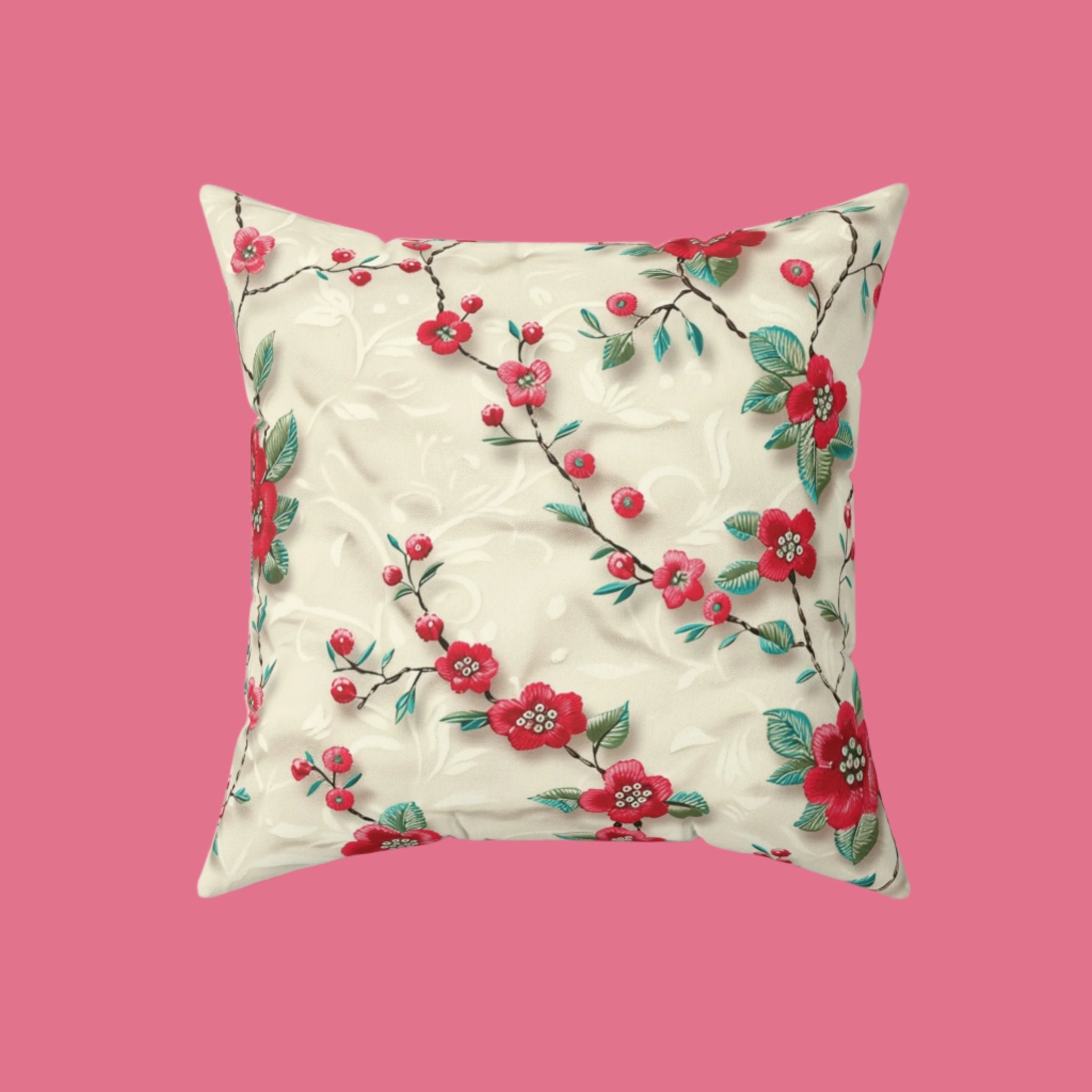 Chic 3D Embroidery Illusion Red Flowers Square Pillow for Sofa, Bed, or Chair Premium Quality, Soft, and Durable | Perfect for Couch, Bed, or Chair | Elegant Bedrooms Pillow Gift New House, Bridal Shower - MRSBYVALLE