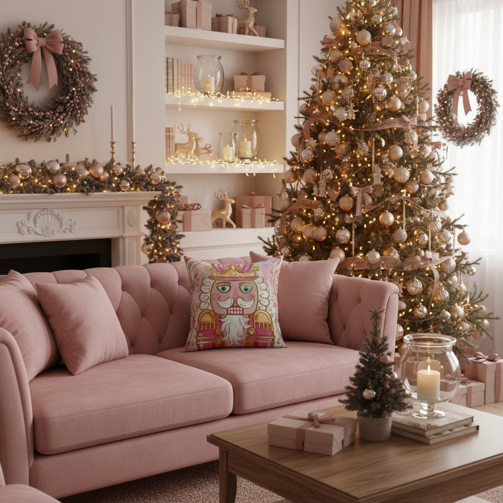 Decorative pillow with a cartoon king design on a pink background