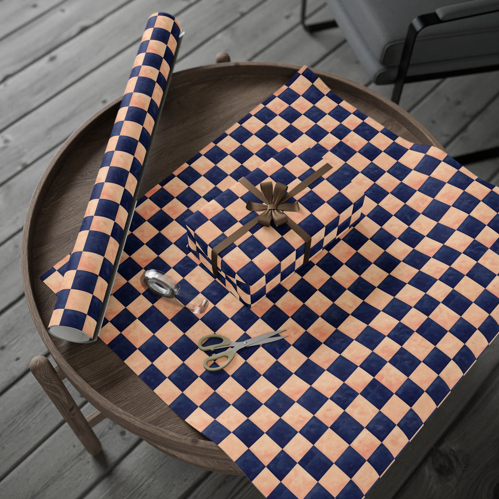Navy and  Peach Checkerboard Wrapping Paper Wedding, Birthdays
