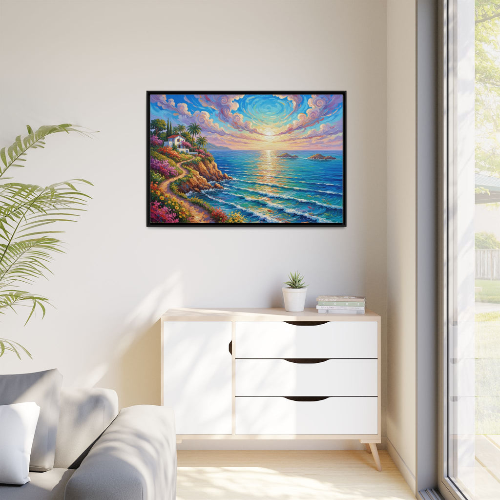 Toile imprimée florale océanique | Décoration murale colorée et lumineuse de paysage marin, œuvre d'art de bureau encadrée et mate