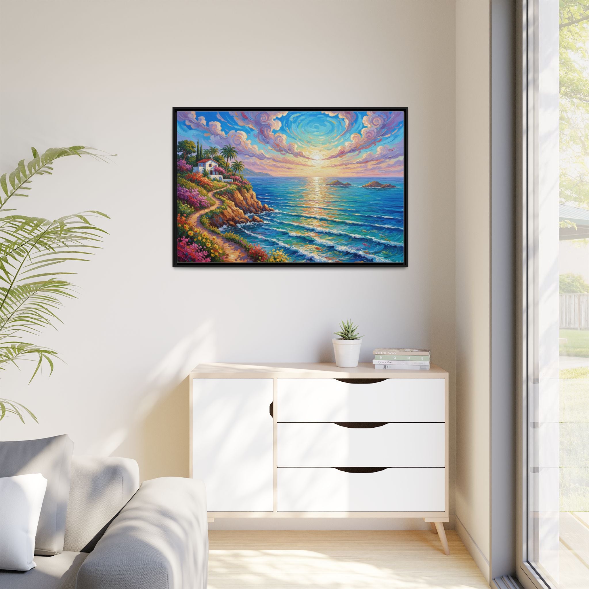 Ocean Floral Print Canvas | Bright Colorful Seascape Wall Art, Framed Matte Office Art Work