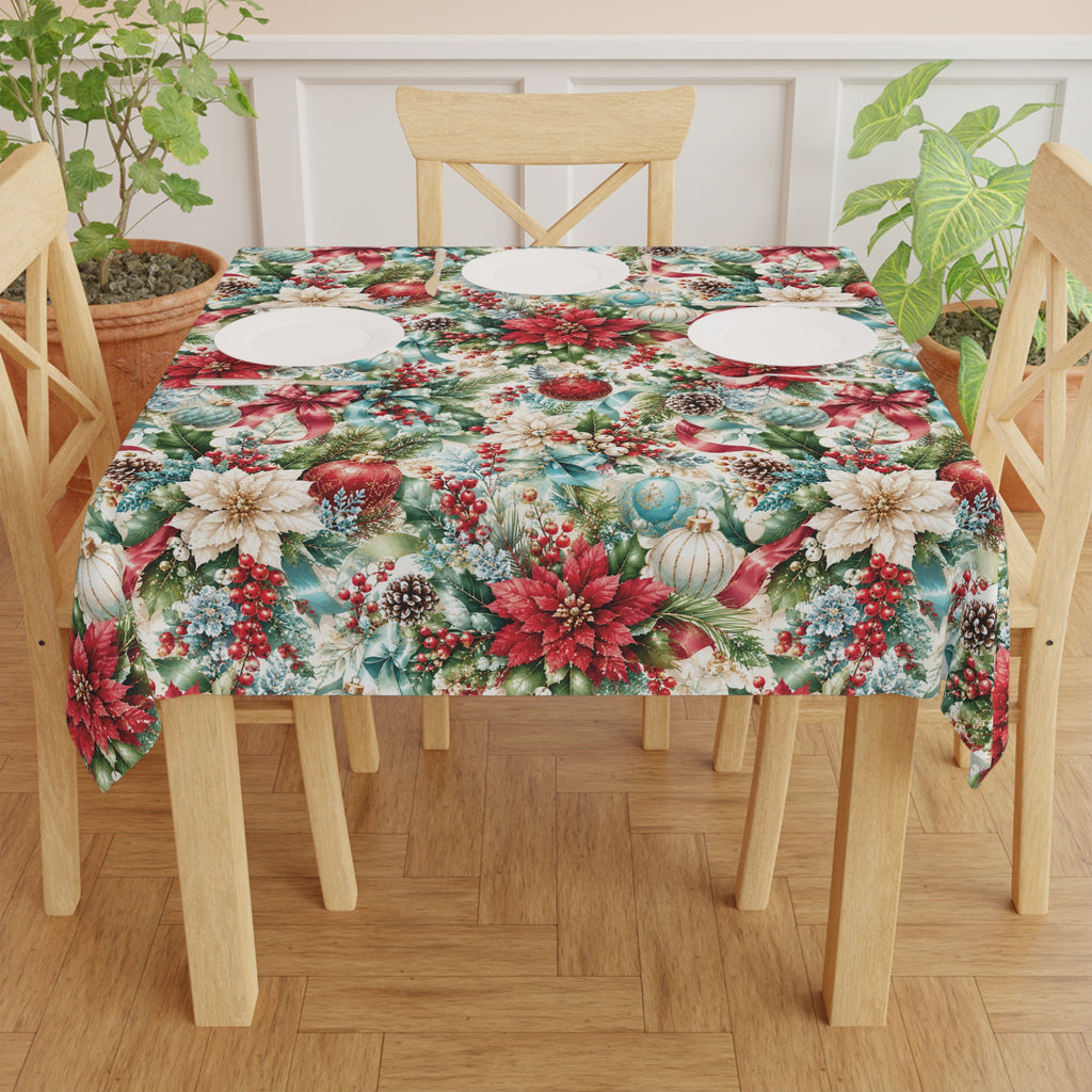 Christmas Poinsettia Holiday Tablecloth Festive Ornaments & Pinecone Dining Table Cover Elegant