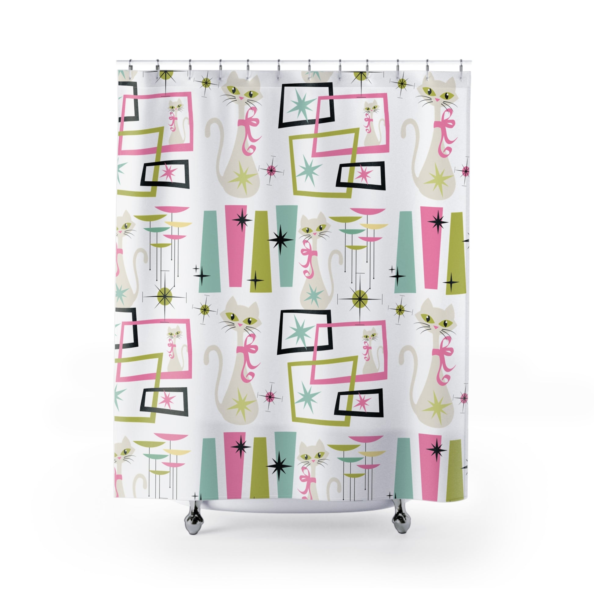 Pastel Atomic Kitty Cats Shower Curtain – Mid-Century Modern 50s Retro Vibes, Playful & Stylish for a Chic Bathroom Upgrade Housewarming Gift