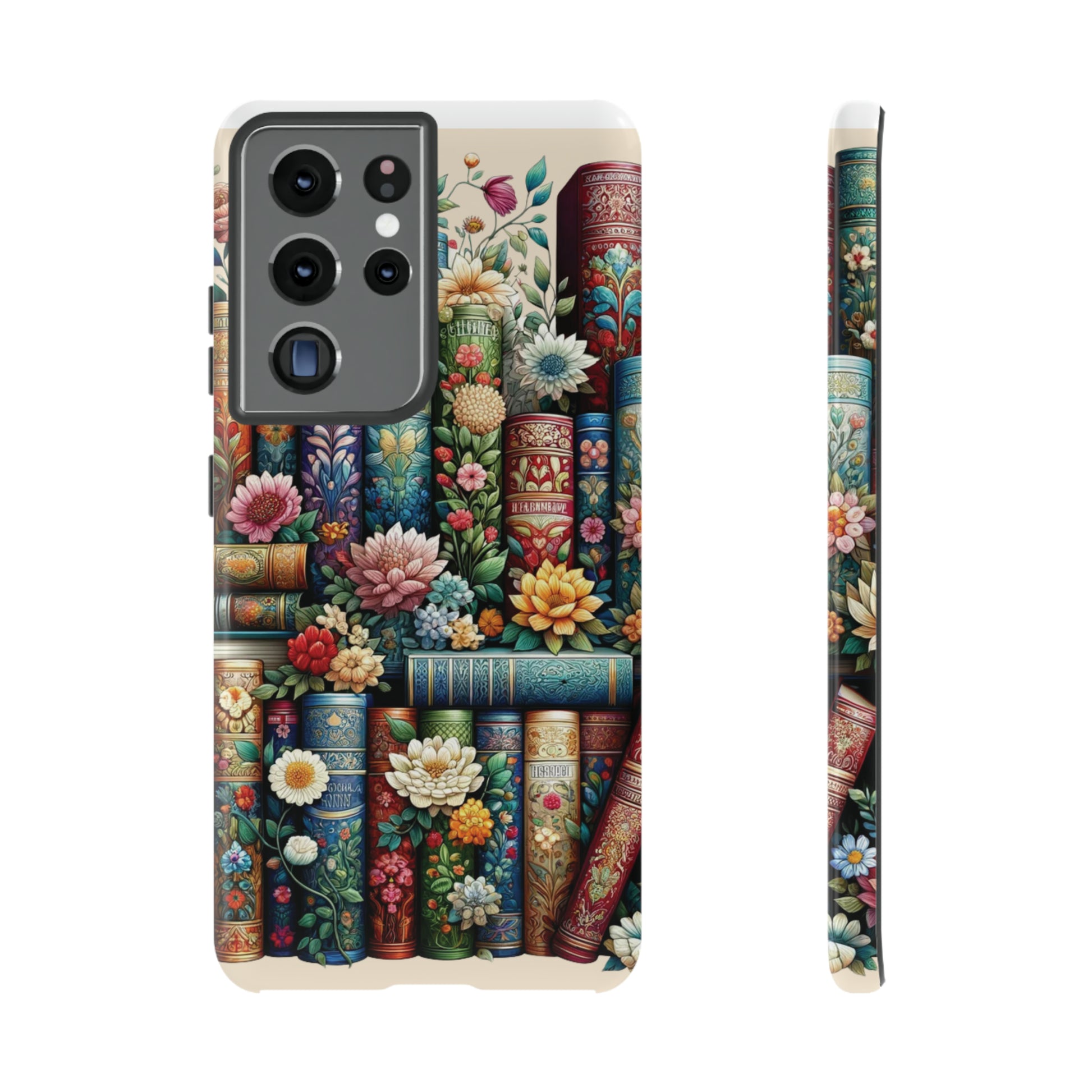 Books and Floral Boho Luxury Phone Tough Case Floral Elegant Durable Stylish for Modern Devices iPhone 15, Samsung iPhone Samsung Accessory Gift for Her.