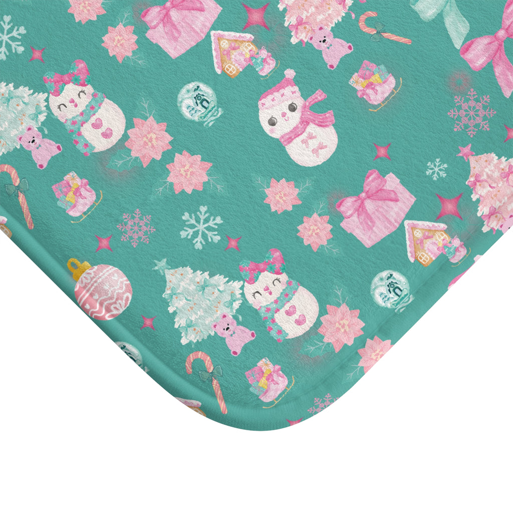 Glam Christmas Bath Mat – Pink and Turquoise Holiday Bathroom Decor, Soft Non-Slip Mat for Festive Vibes, Cozy  Stylish Winter Accent