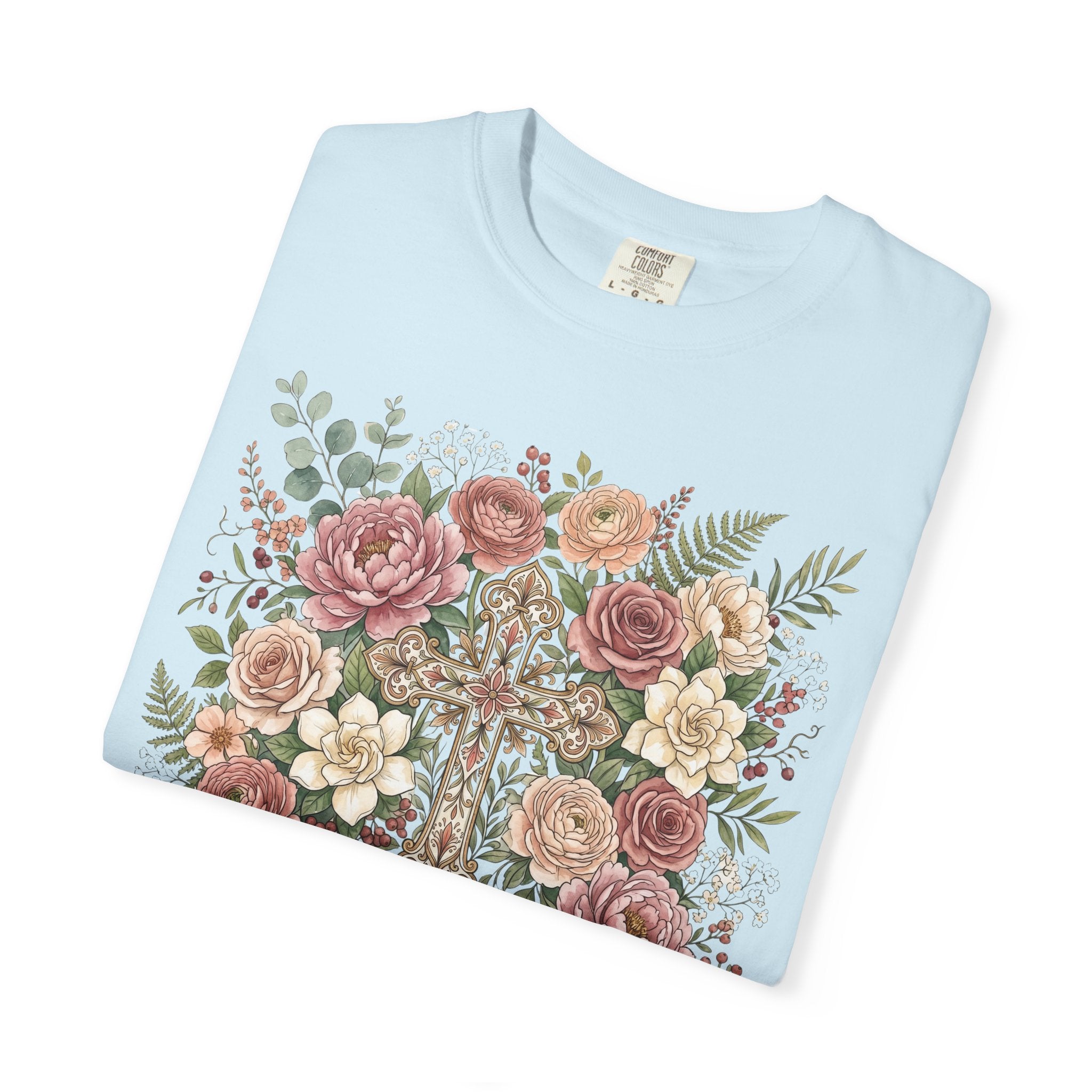 He Is Risen Floral Cross T-Shirt Christian Gift