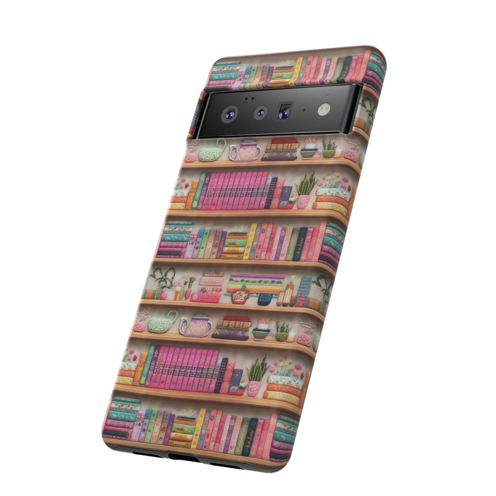 Whimsical 3D Embroidery Illusion Books on Pastel Shelves Phone Case for iPhone, Samsung & Pixel: Unique Accessory for Literary Enthusiasts Gift for Her Perfect for Floral Lover
