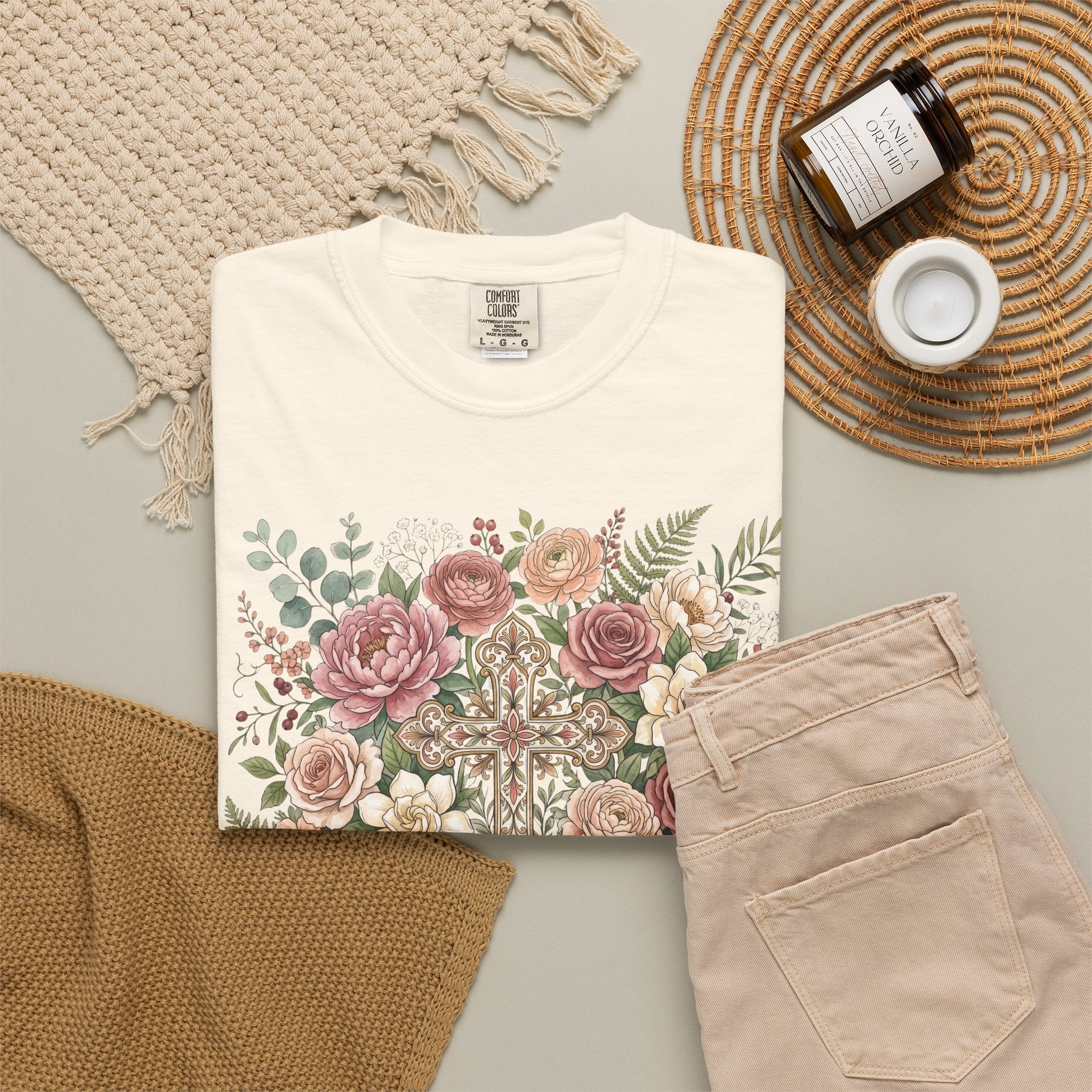 He Is Risen Floral Cross T-Shirt Christian Gift