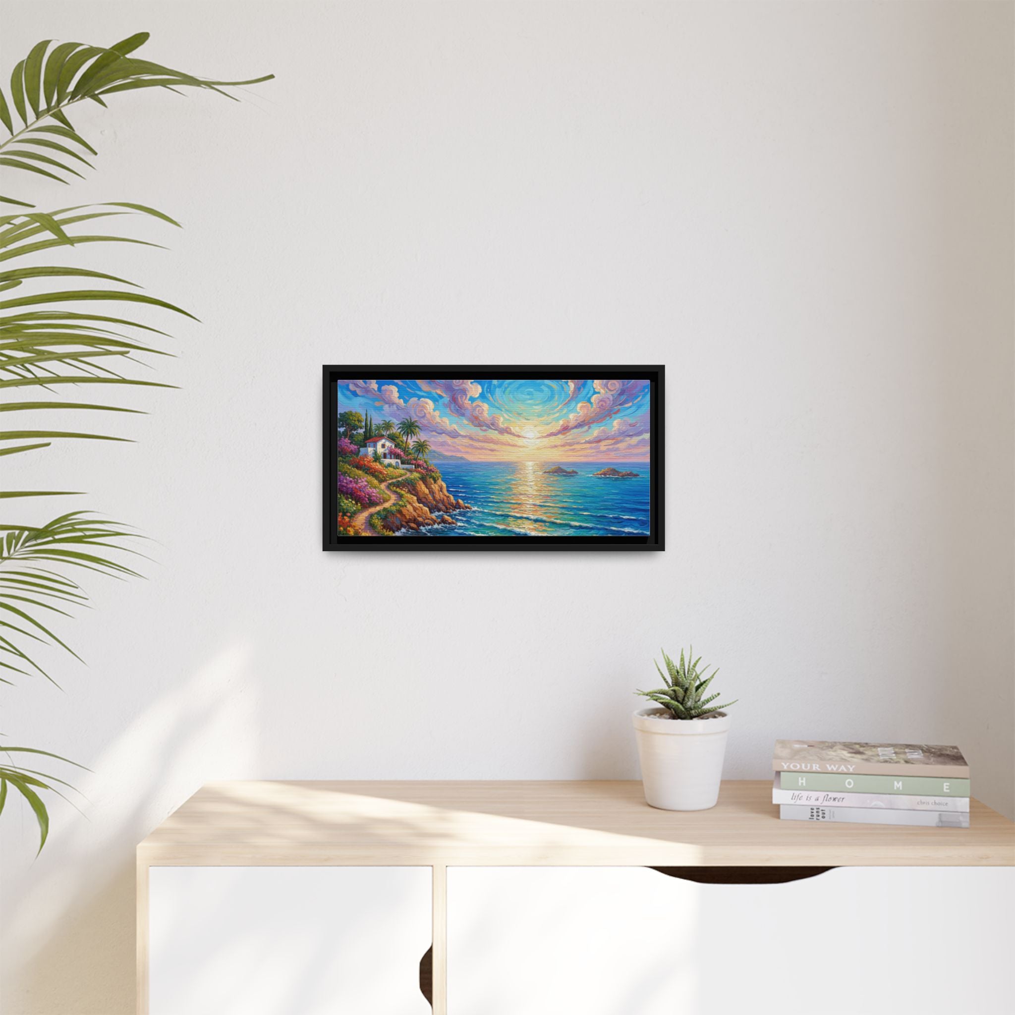 Toile imprimée florale océanique | Décoration murale colorée et lumineuse de paysage marin, œuvre d'art de bureau encadrée et mate