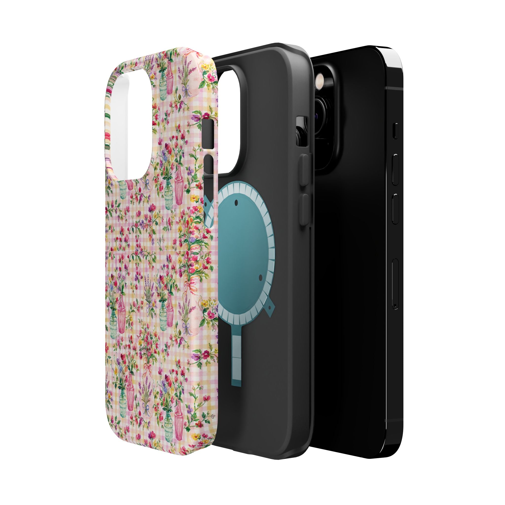 Turquoise & Pink Floral Checker Phone Case — Magnetic Impact-Resistant