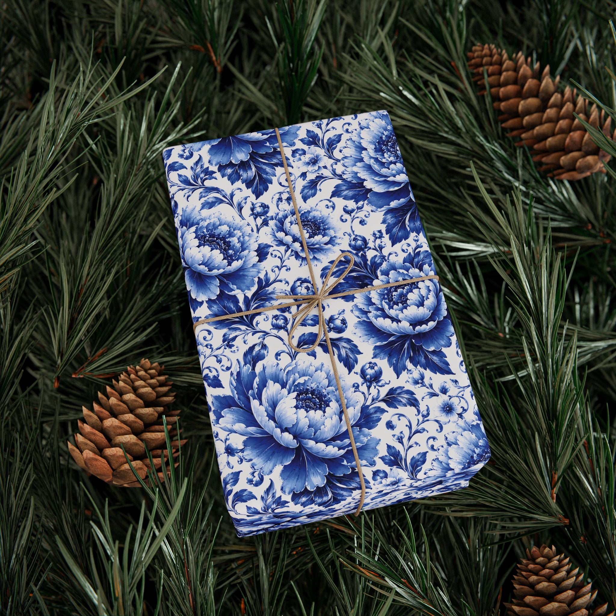 Blue & White Chinoiserie Peony Floral Luxury Gift Wrapping Paper Elegant Gift Wrap for Weddings & Holidays