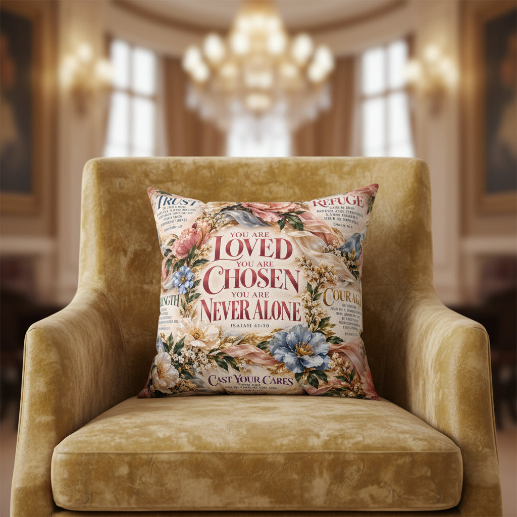 A square decorative throw pillow featuring a vintage-style floral and scripture print. The design includes pink and blue flowers, cream-colored blossoms, and a central red text design that reads 'YOU ARE LOVED YOU ARE CHOSEN YOU ARE NEVER ALONE' with 'ISAIAH 41:10' below it.