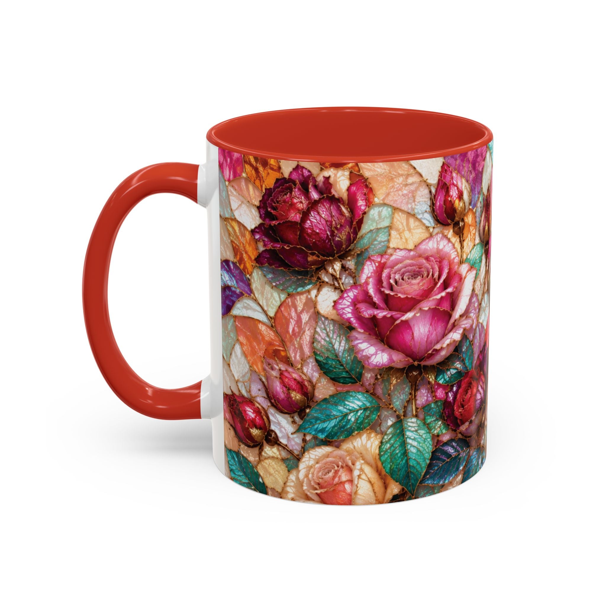 Floral Stained-Glass Accent Coffee Mug Colorful Rose Pattern (11/15 oz) Gift for Her