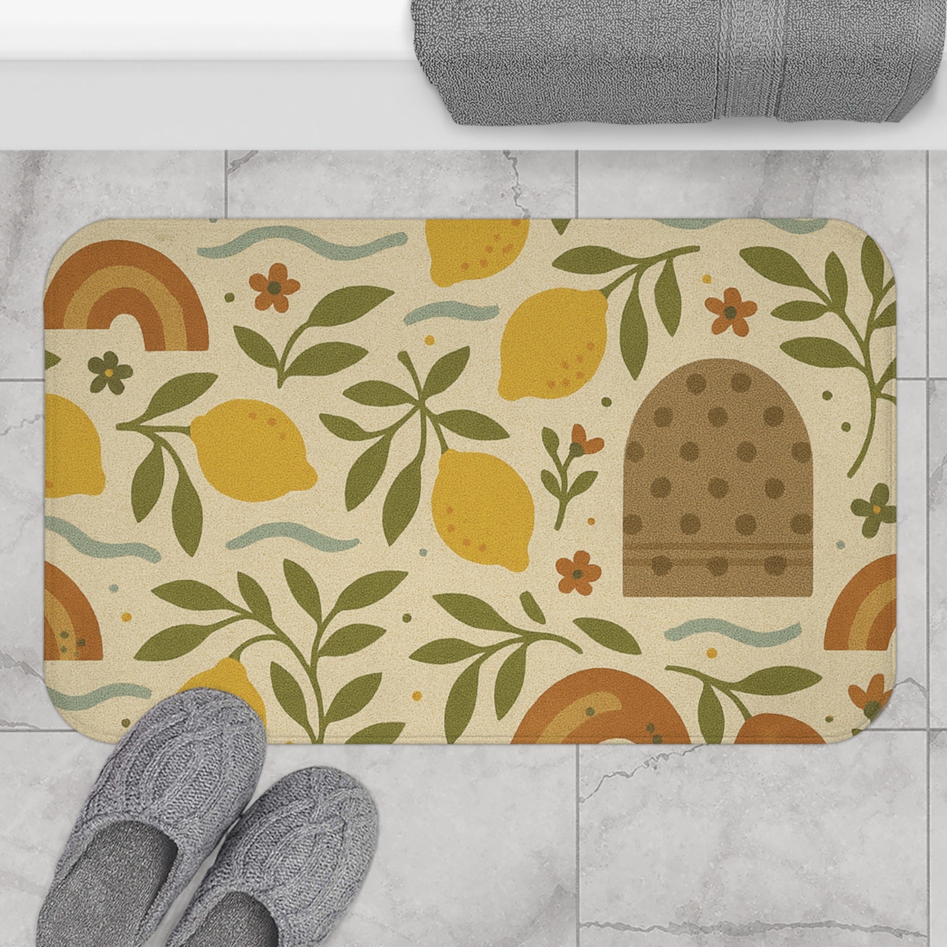 Boho Lemons and Floral Lavender Bathmat Tropical Floral Print with for a Bold, Elegant Bathroom Upgrade Comfort Home