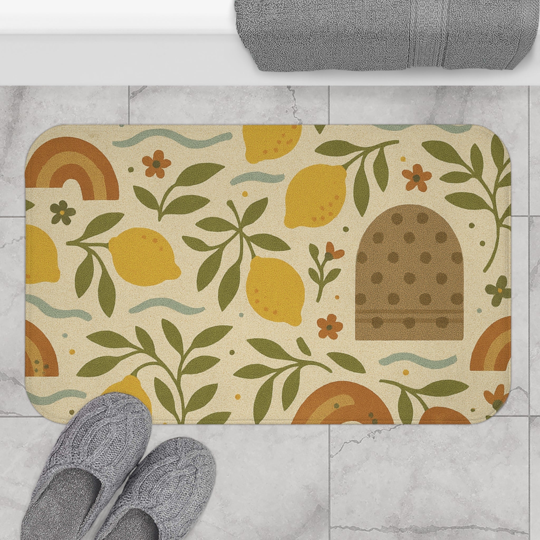 Boho Lemons and Floral Lavender Bathmat Tropical Floral Print with for a Bold, Elegant Bathroom Upgrade Comfort Home