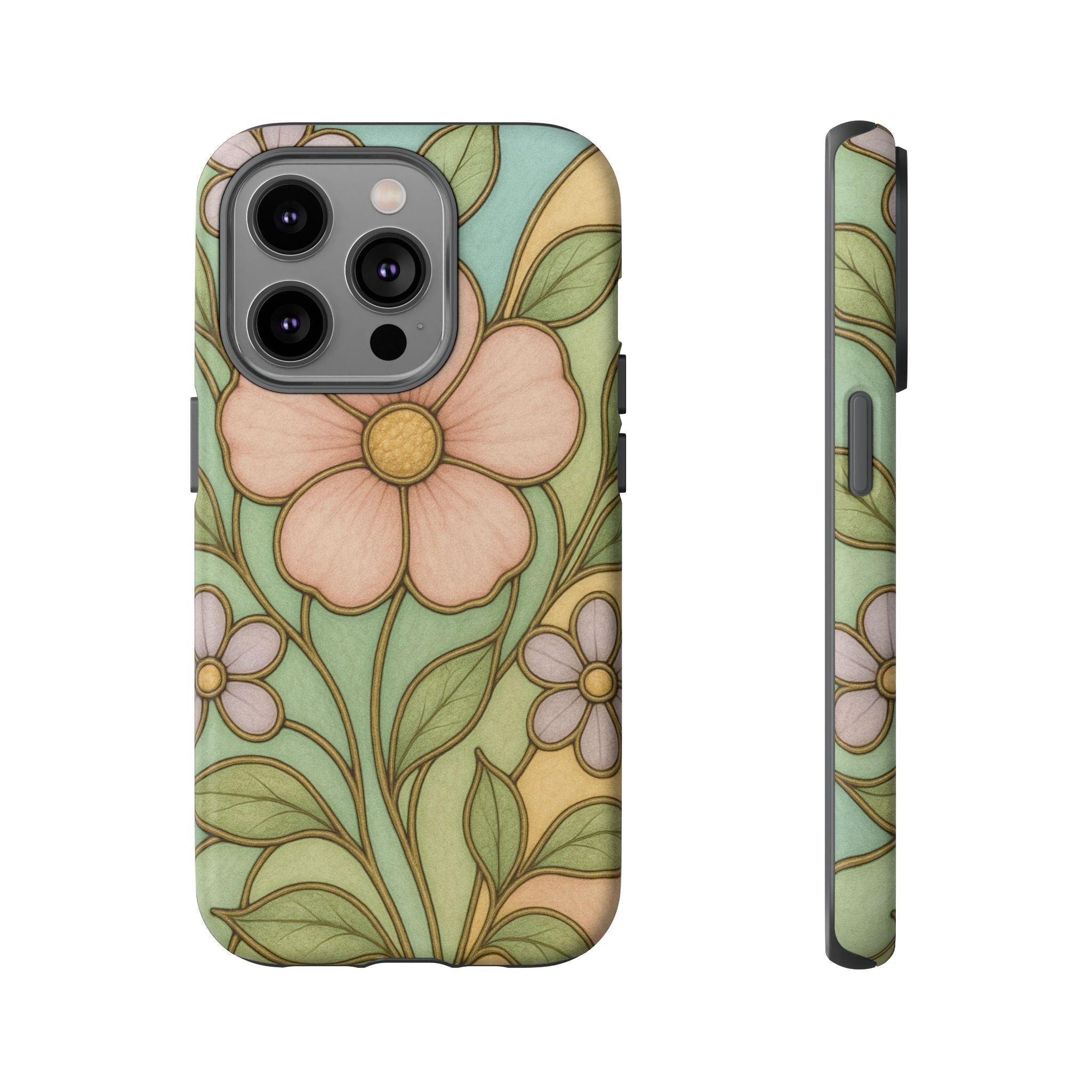 Pastel Pink, Yellow Stain Glass Illusion Floral Phone Case  Romantic Cottagecore Aesthetic, Soft Botanical Design, Protective Gift for Her, Fits iPhone & Samsung Models