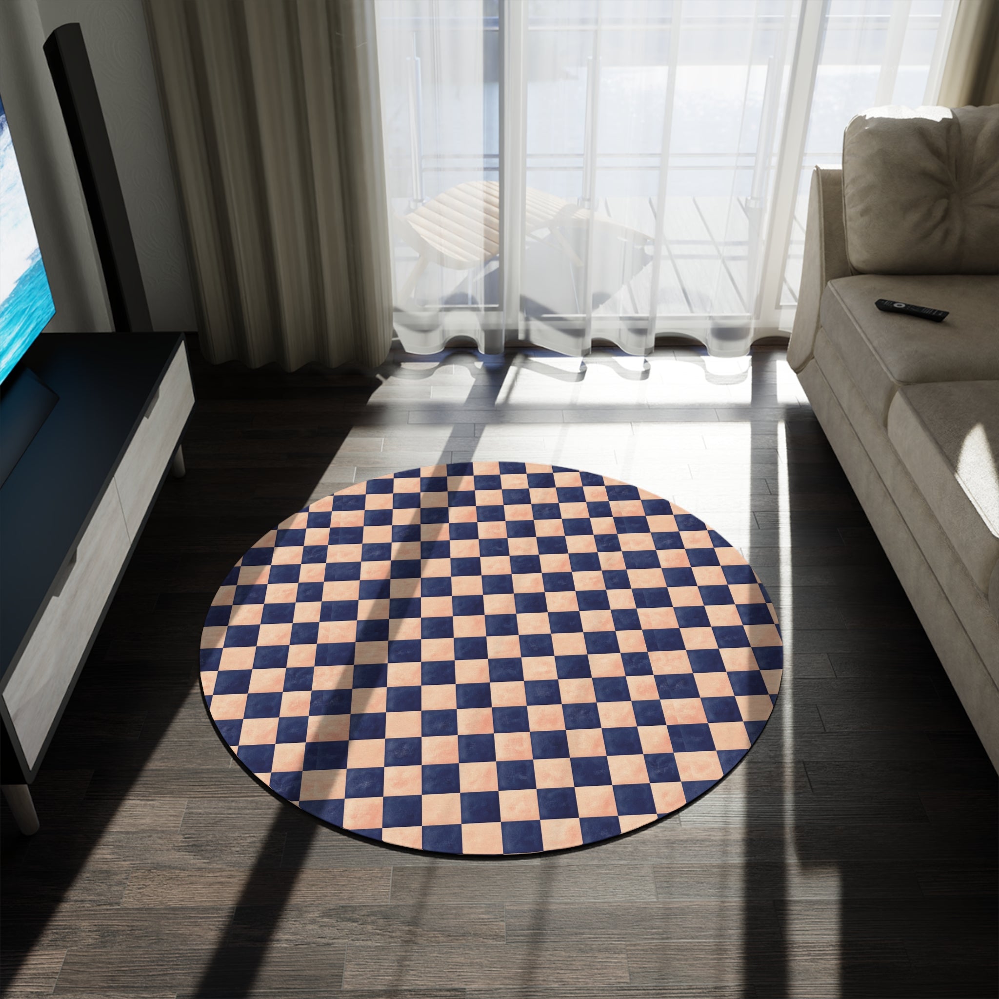 Navy & Peach Checkerboard Round Rug — Retro Geometric Accent Rug