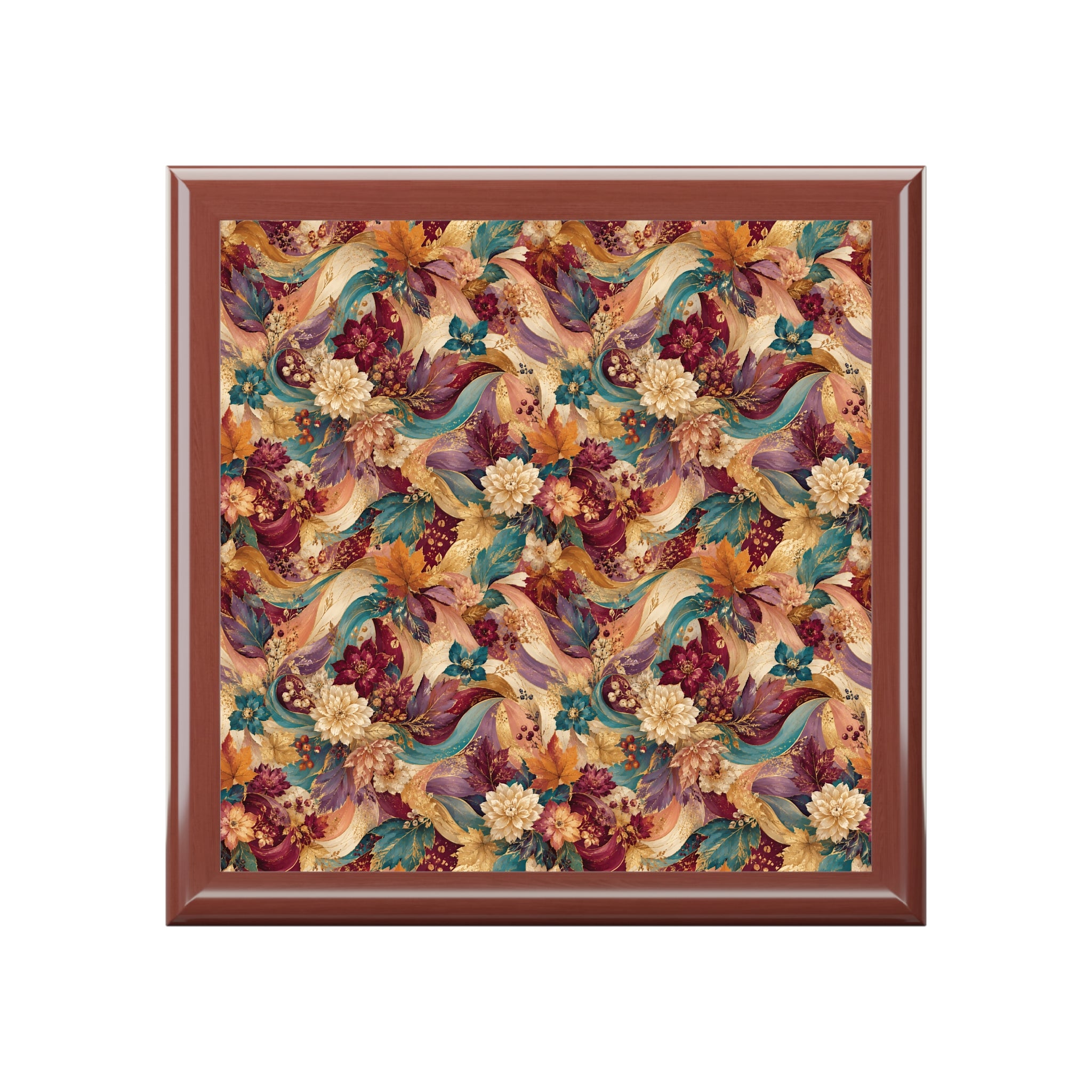 Floral Peacock Pattern Jewelry Box — Decorative Keepsake Box with Vintage Botanical Design
