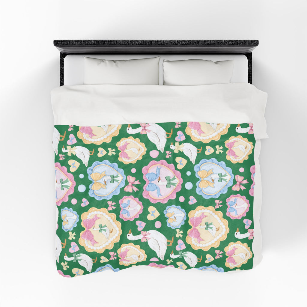 Couverture polaire en velours vert "Silly Goose" — Plaid douillet à nœuds et cœurs pastel