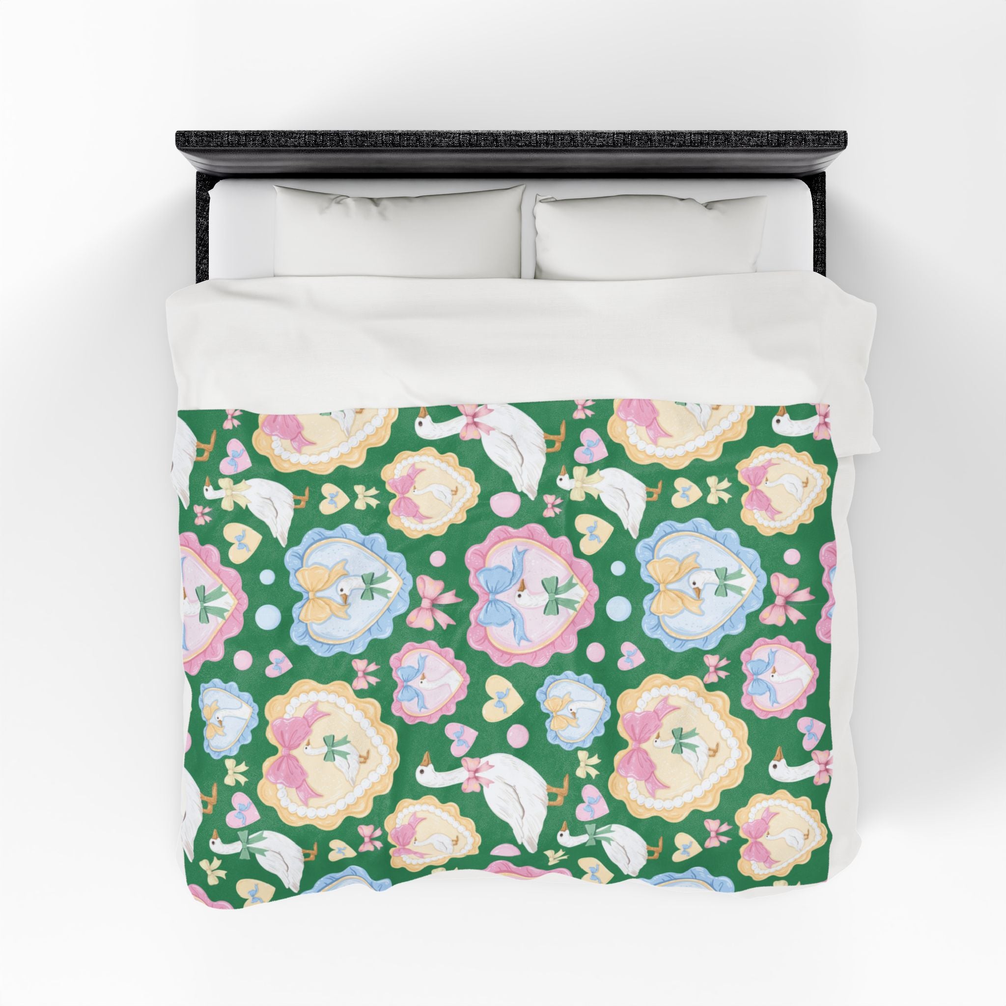 Couverture polaire en velours vert "Silly Goose" — Plaid douillet à nœuds et cœurs pastel