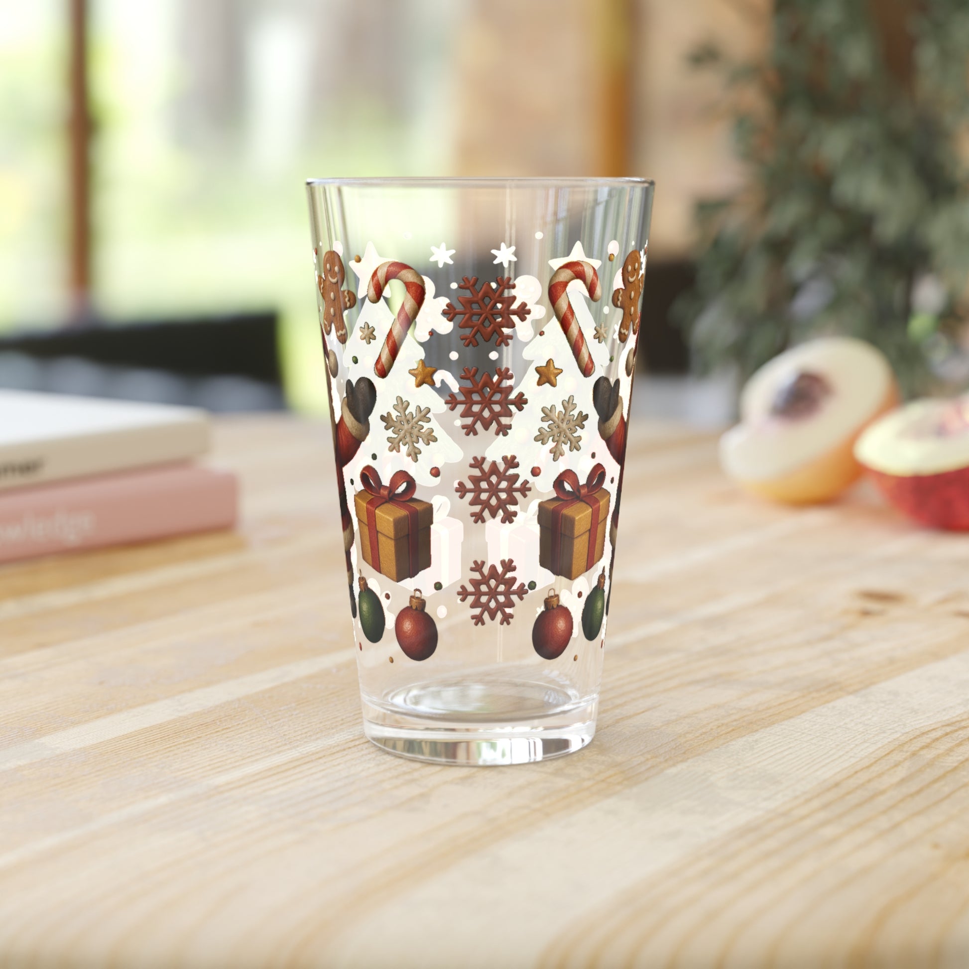 Santa & Christmas Tree Pint Glass  16oz Holiday Drinkware with Gifts, Candy Canes, Gingerbread, Ornaments – Perfect for Cocoa or Mocktails